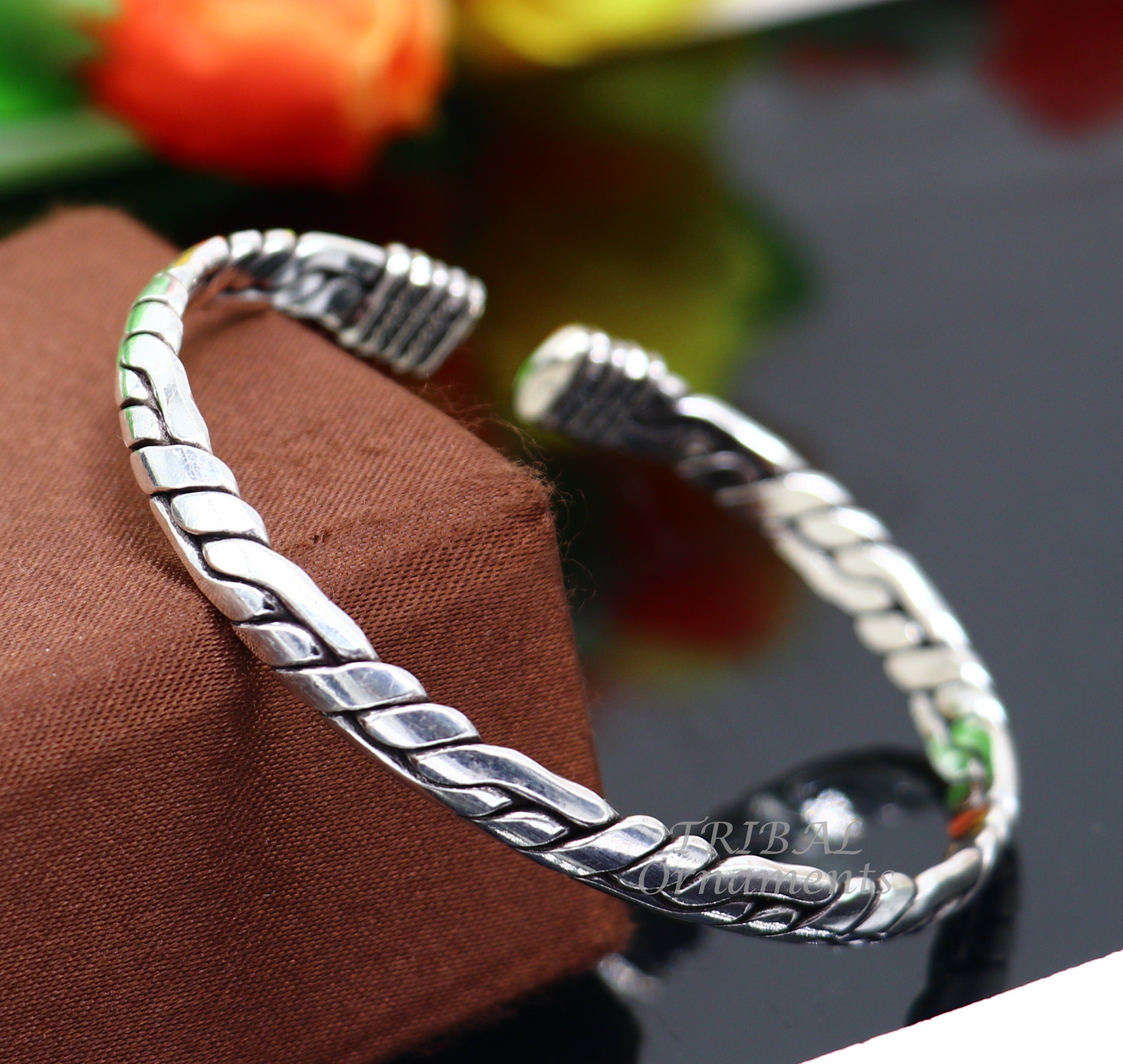 Silver steel wide handcuff bracelet with rhinestones