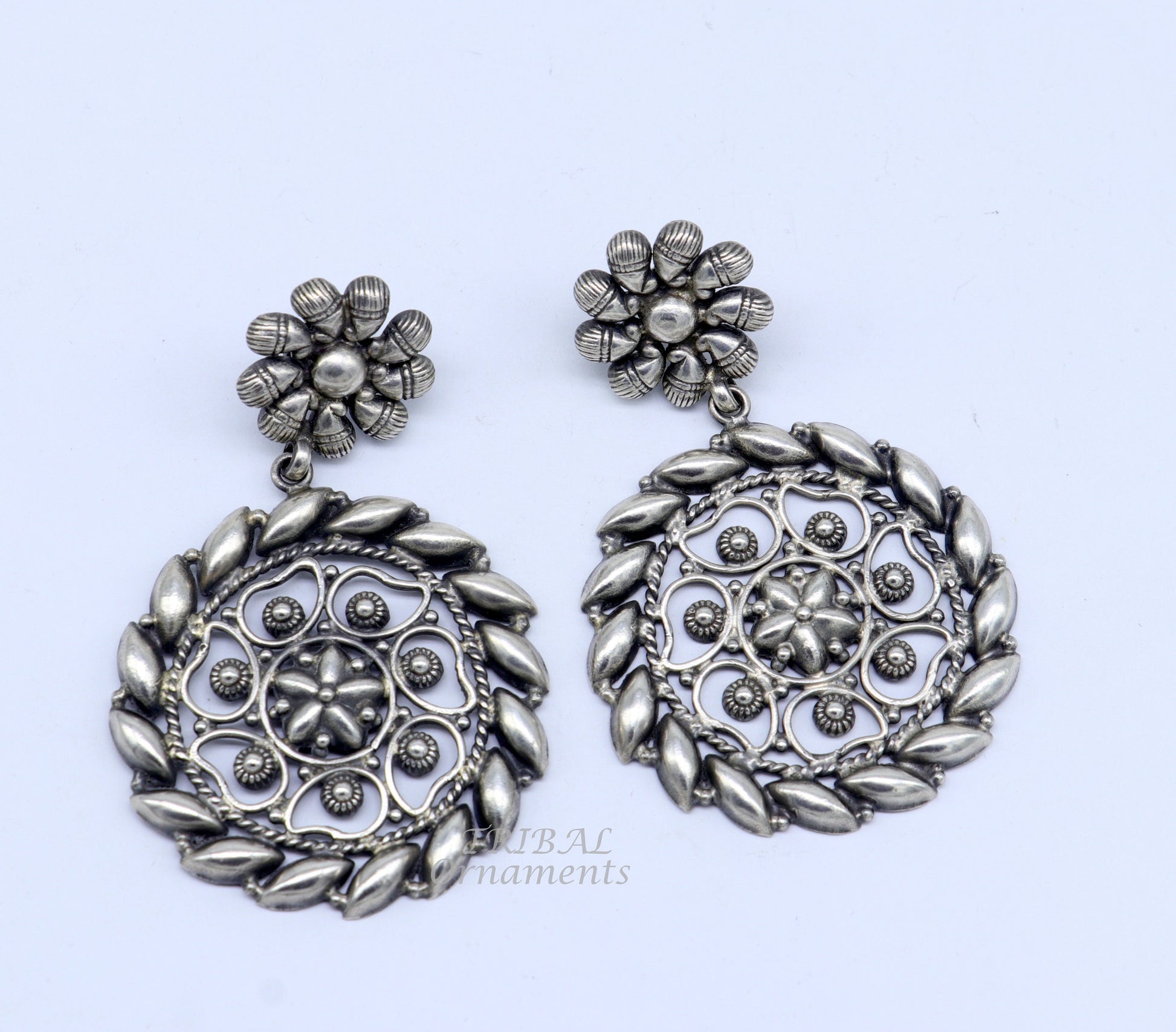 925 Sterling silver handmade flower design stud earrings, excellent customized penalized ethnic Garba dance girls jewelry gifting s1053 - TRIBAL ORNAMENTS