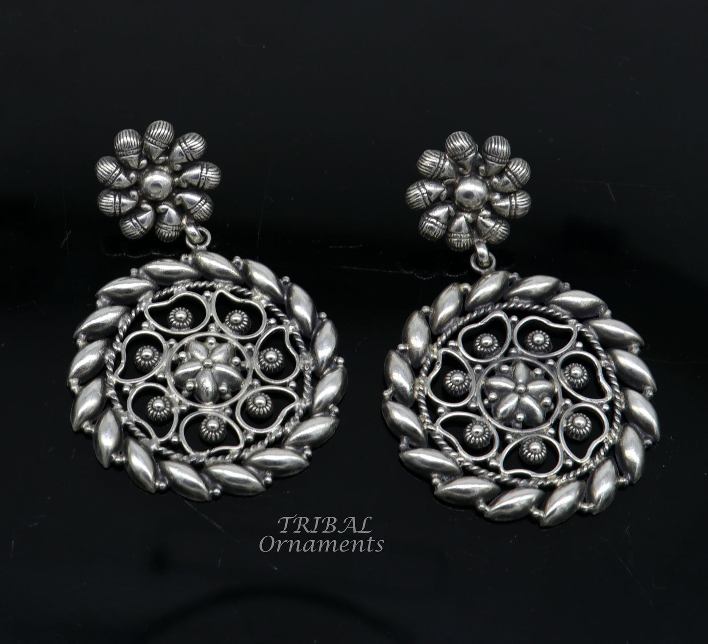 925 Sterling silver handmade flower design stud earrings, excellent customized penalized ethnic Garba dance girls jewelry gifting s1053 - TRIBAL ORNAMENTS