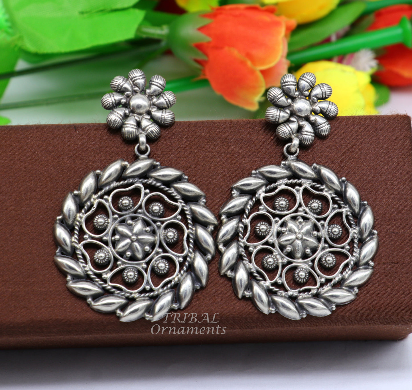 925 Sterling silver handmade flower design stud earrings, excellent customized penalized ethnic Garba dance girls jewelry gifting s1053 - TRIBAL ORNAMENTS