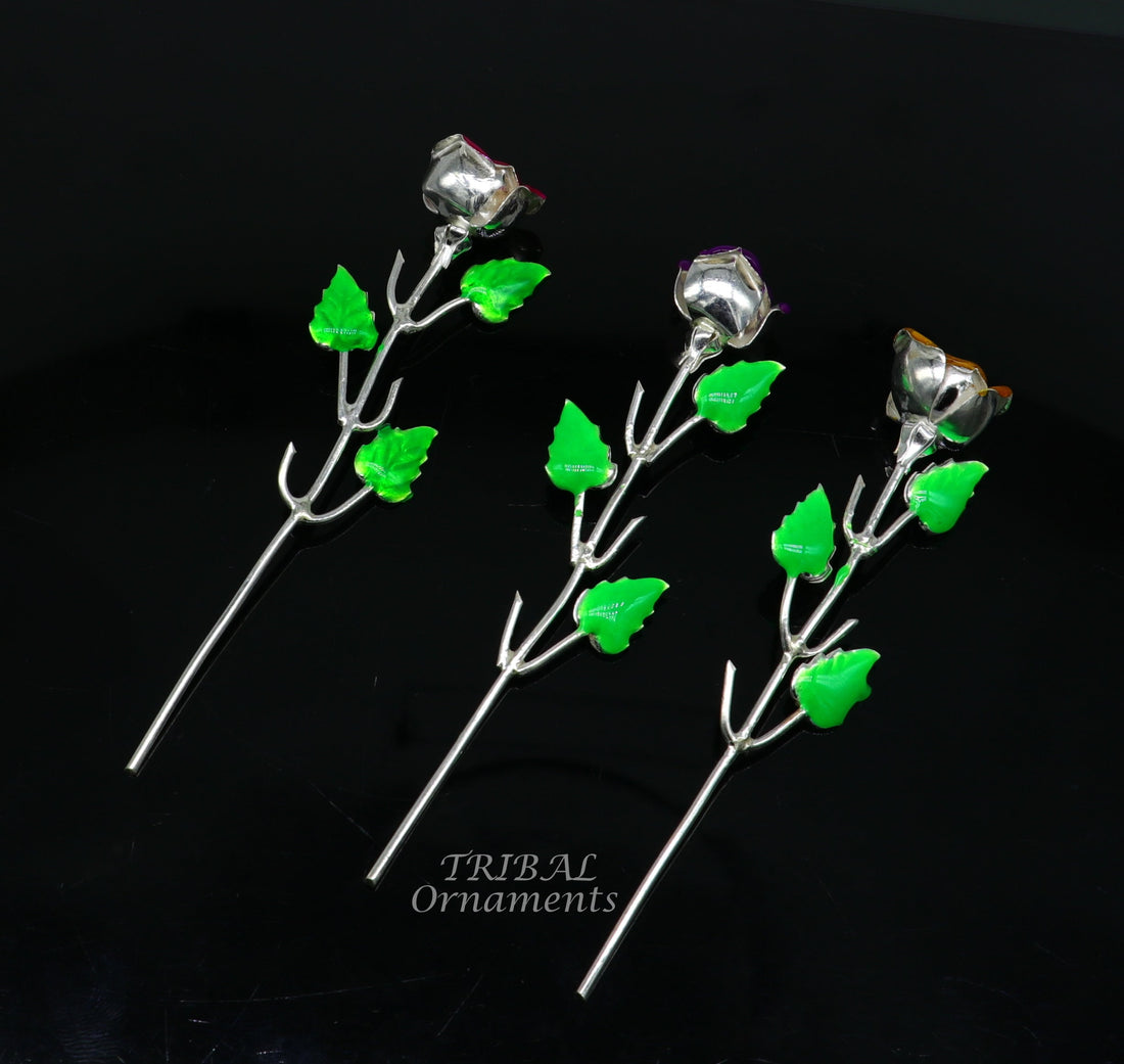 Solid sterling silver handmade small Rose flower puja god temple article, excellent three color enamel silver worshipping articles su850 - TRIBAL ORNAMENTS