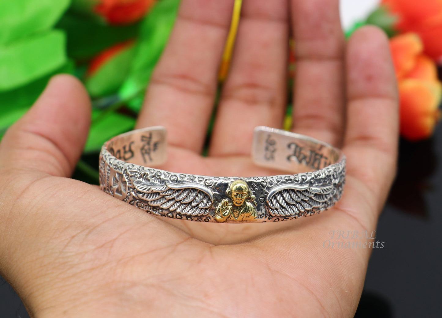 925 sterling silver vintage antique design handmade chitai work Sai baba design adjustable bangle bracelet kada customized jewelry cuff100 - TRIBAL ORNAMENTS