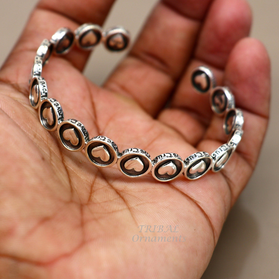 925 sterling silver handmade heart shape design Bangle cuff bracelet adjustable kada, best unisex tribal ethnic gifting jewelry cuff103 - TRIBAL ORNAMENTS