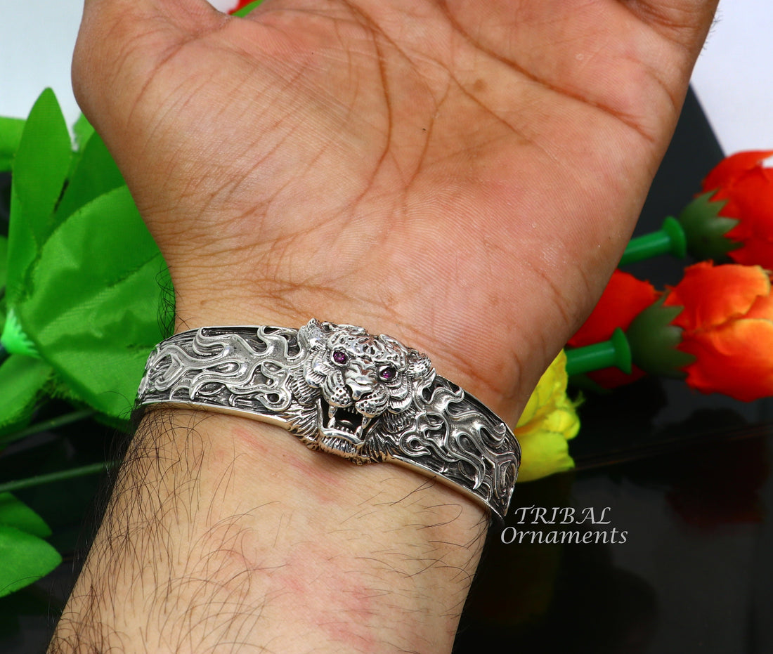 925 Sterling silver handmade excellent lion face solid cuff kada bracelet, amazing bracelet vintage style men's jewelry cuff106 - TRIBAL ORNAMENTS