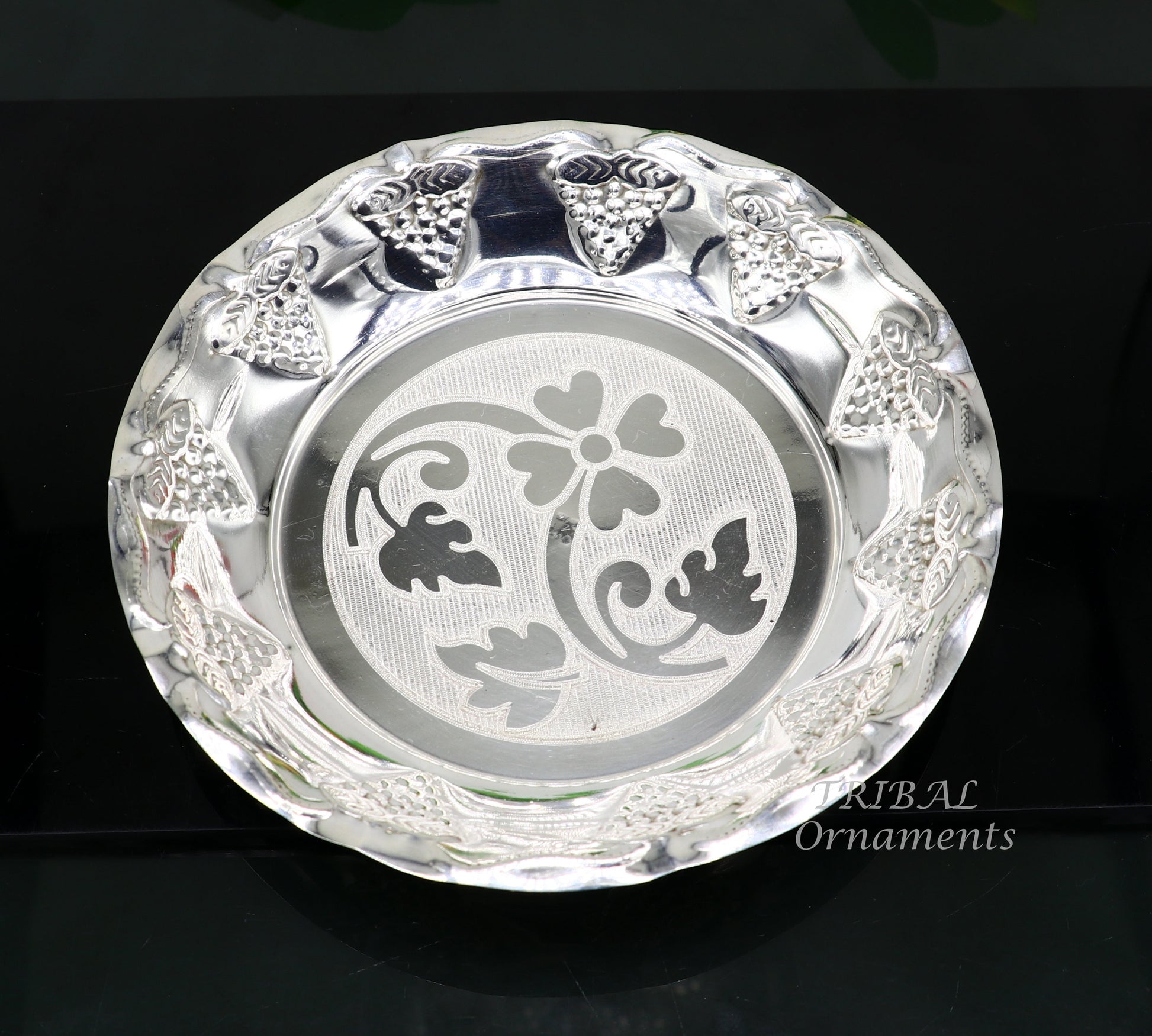 925 sterling silver exclusive handcrafted work light weight Puja tray or plate, puja utensils, silver article, silver thali  sv266 - TRIBAL ORNAMENTS