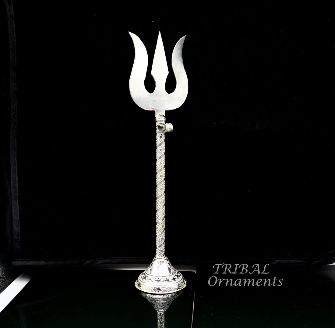 10.5" 925 sterling silver customized lord Shiva trident with small Damaru, silver article, silver temple accessories, shiva trishul su855 - TRIBAL ORNAMENTS