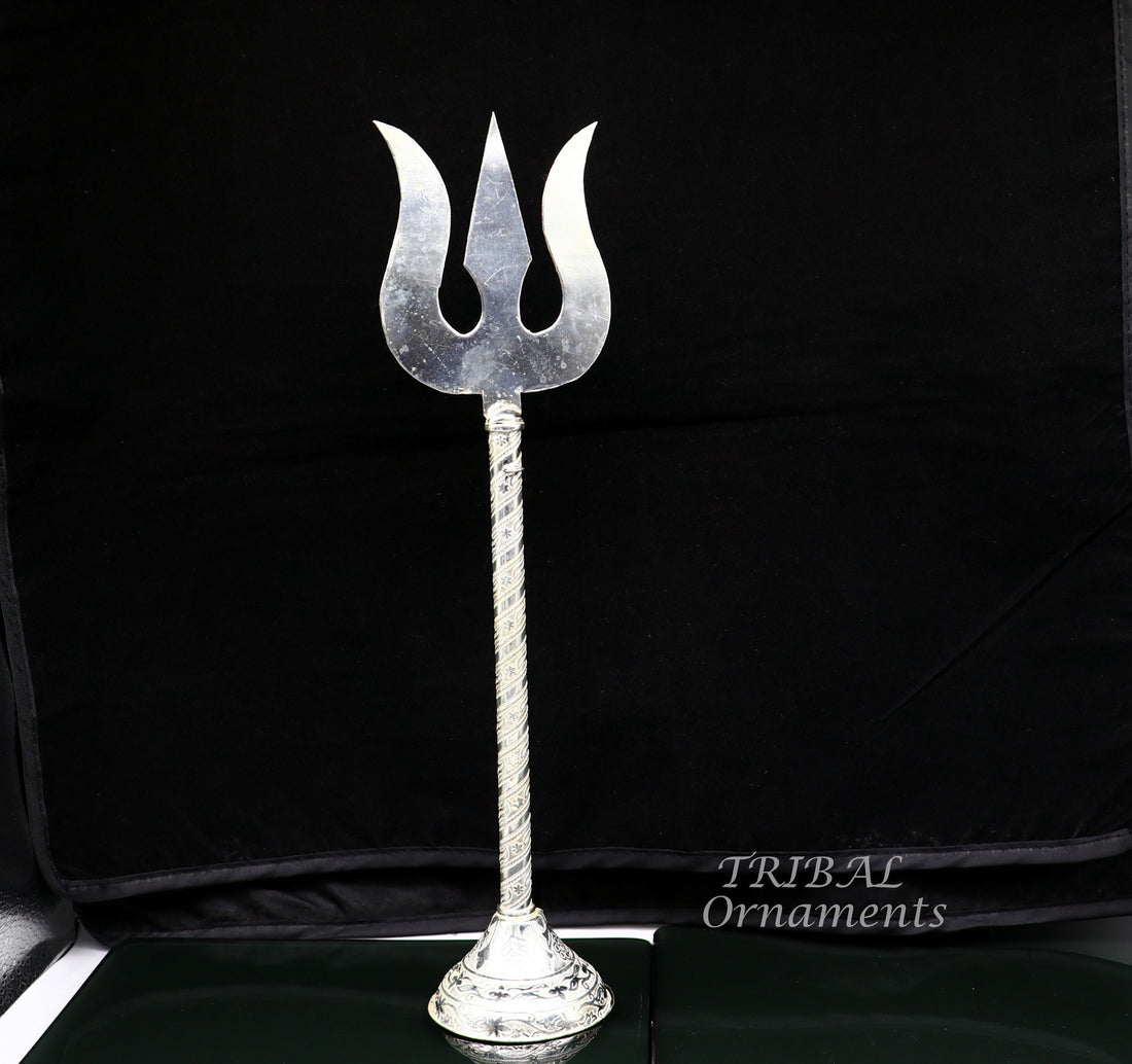 10.5" 925 sterling silver customized lord Shiva trident with small Damaru, silver article, silver temple accessories, shiva trishul su855 - TRIBAL ORNAMENTS