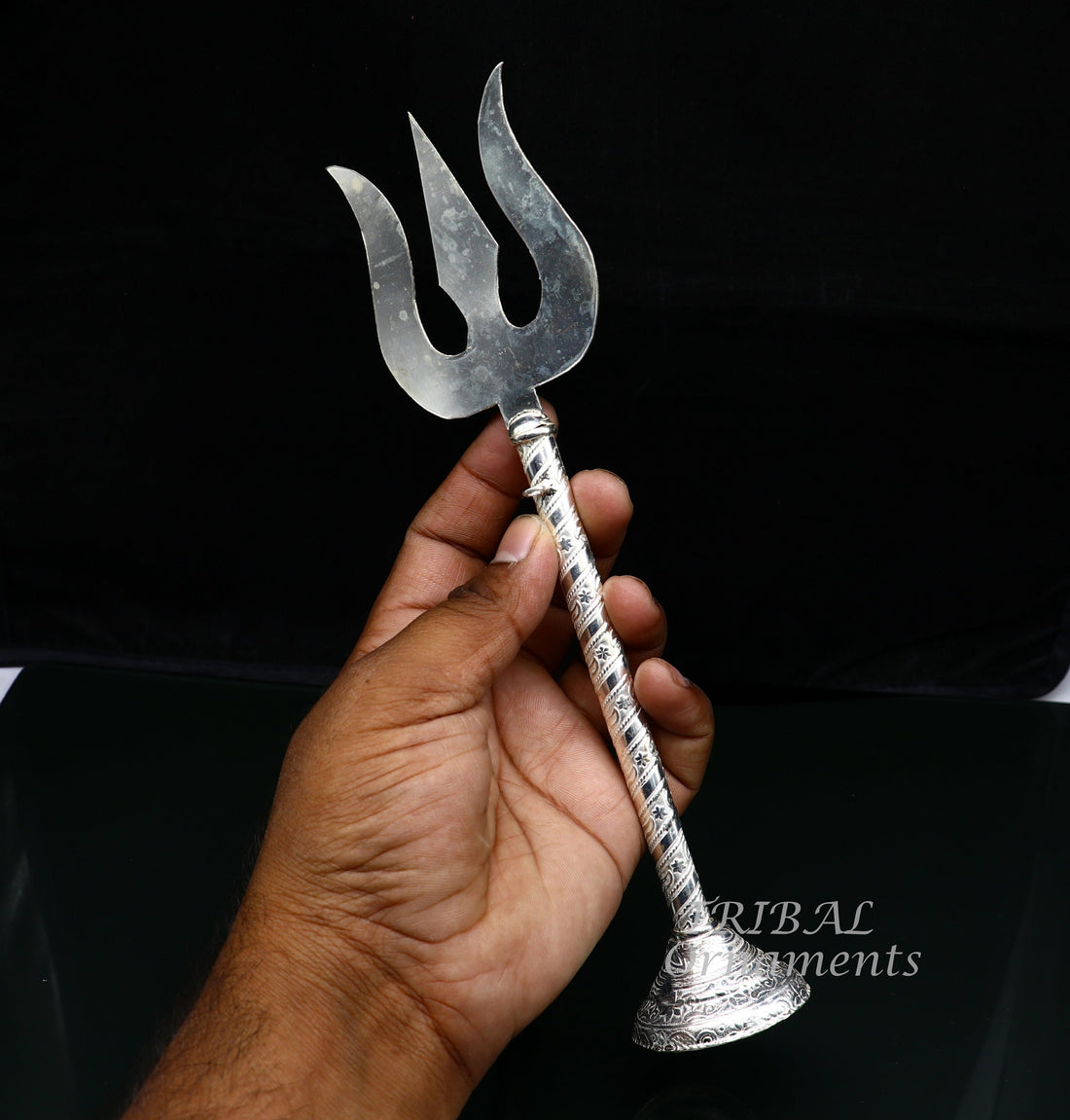 9.5" 925 sterling silver customized lord Shiva trident with small Damaru, silver article, silver temple accessories, shiva trishul su856 - TRIBAL ORNAMENTS