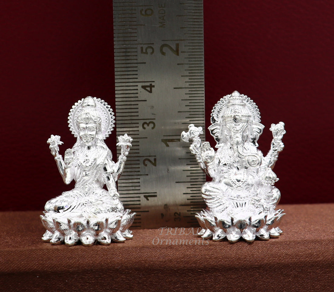 1.5" 925 Sterling silver handmade gorgeous Hindu idols Laxmi and Ganesha statue, puja article figurine, home décor Diwali puja gift art557 - TRIBAL ORNAMENTS