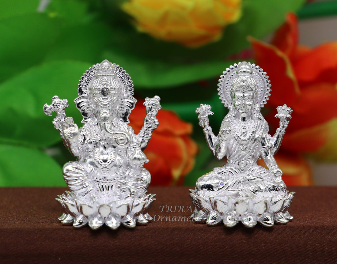 1.5" 925 Sterling silver handmade gorgeous Hindu idols Laxmi and Ganesha statue, puja article figurine, home décor Diwali puja gift art557 - TRIBAL ORNAMENTS