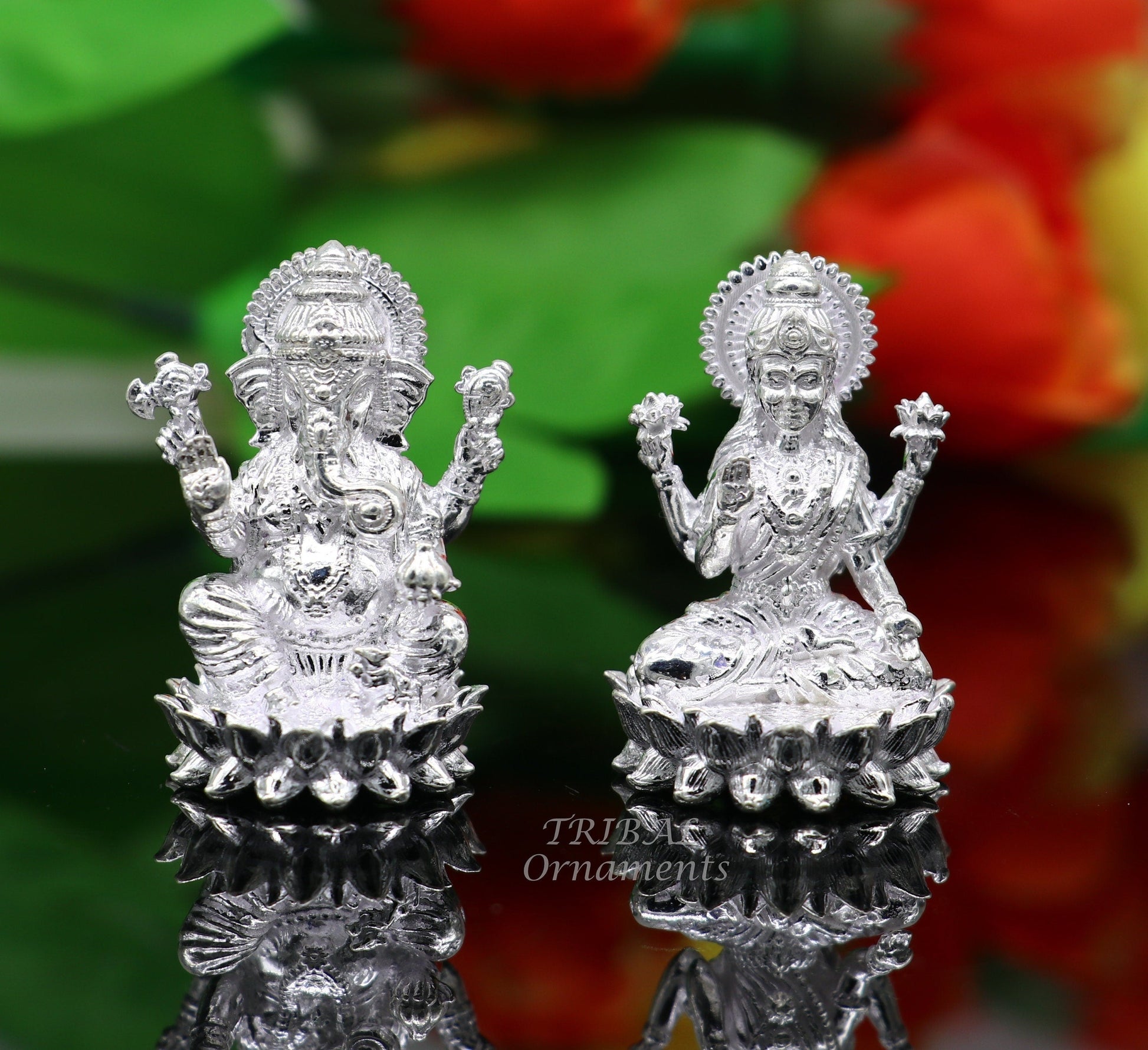 1.5" 925 Sterling silver handmade gorgeous Hindu idols Laxmi and Ganesha statue, puja article figurine, home décor Diwali puja gift art557 - TRIBAL ORNAMENTS