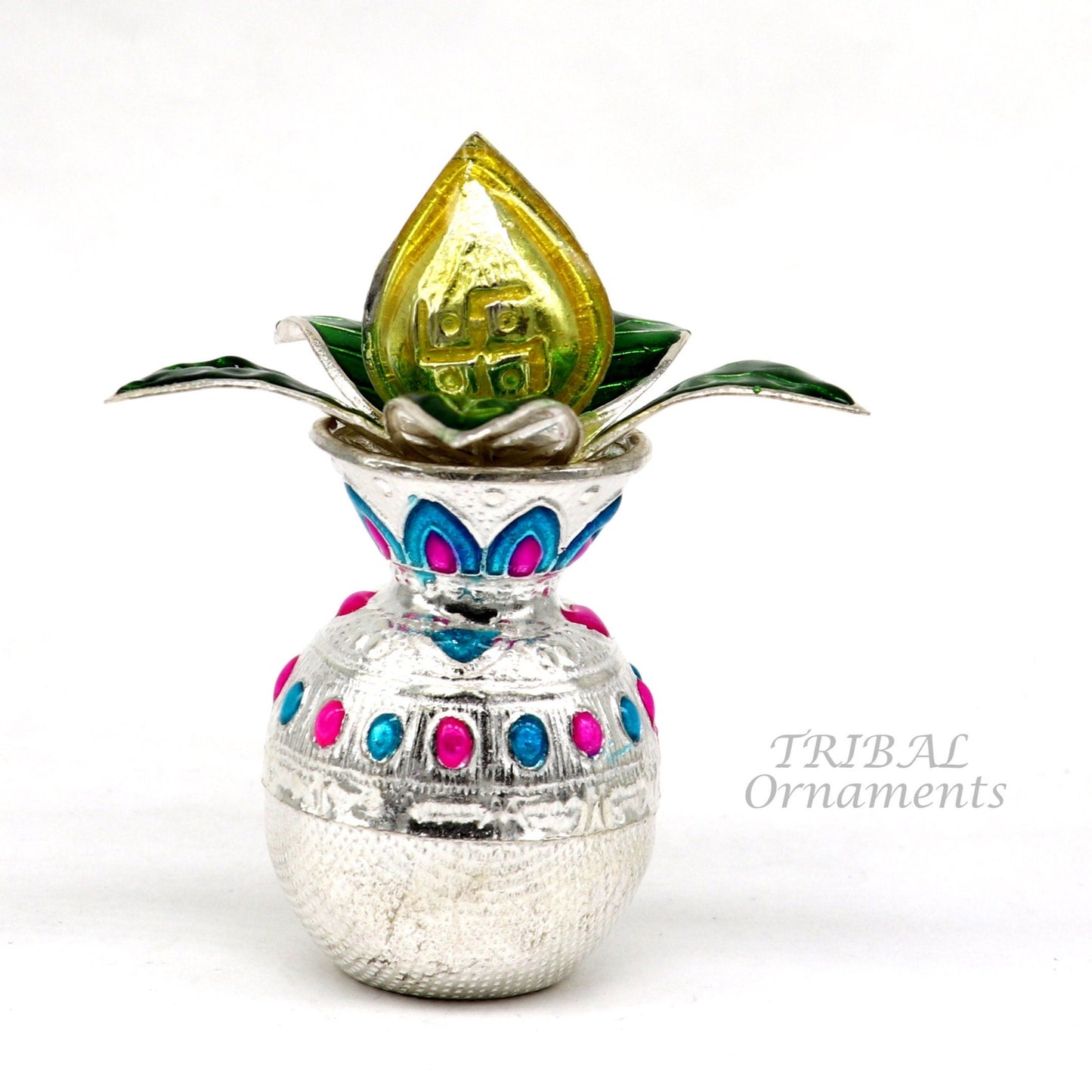 Solid sterling silver handmade vintage design puja kalash with silver coconuts and leaf, excellent home temple article worshipping su865 - TRIBAL ORNAMENTS