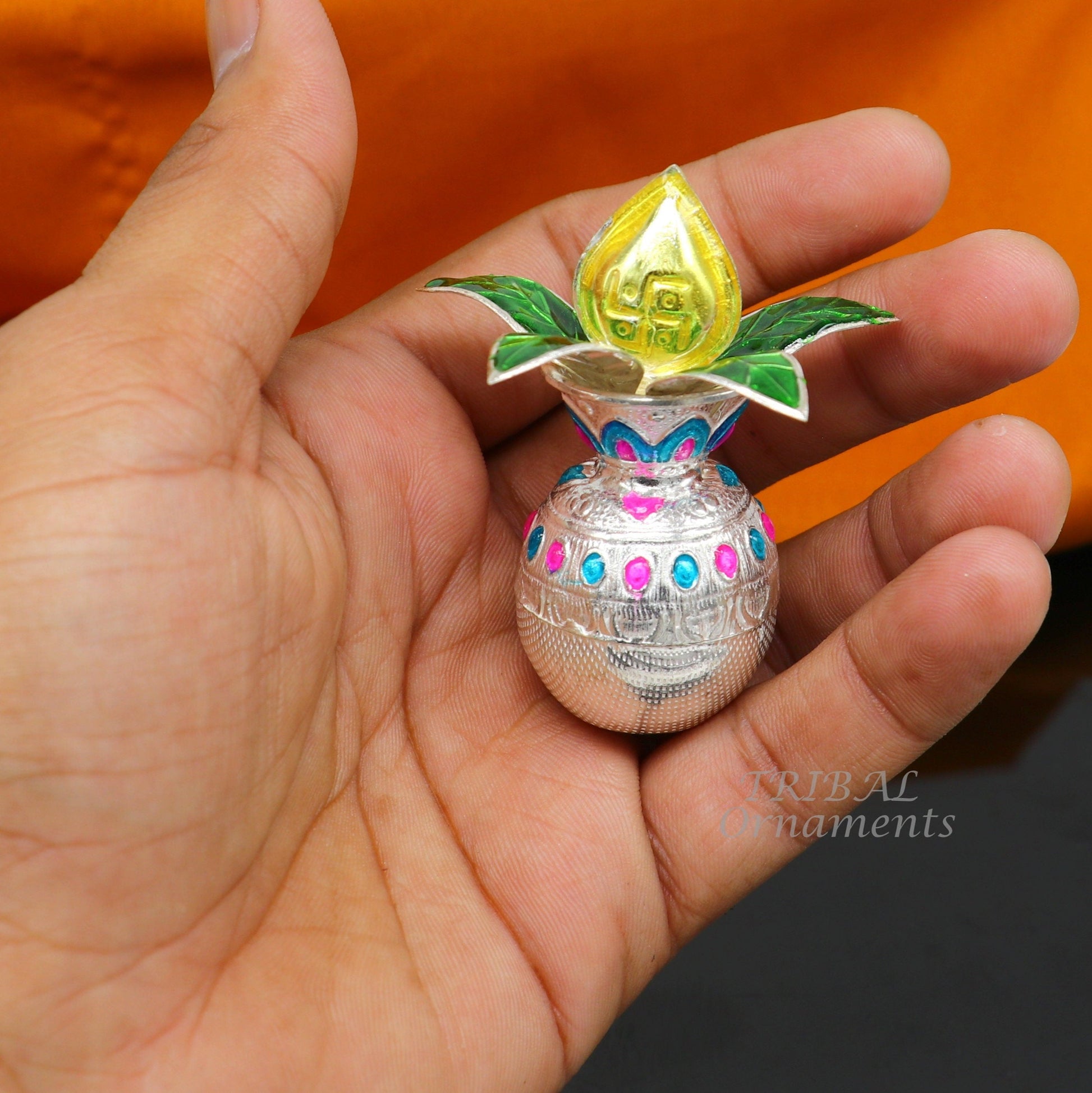 Solid sterling silver handmade vintage design puja kalash with silver coconuts and leaf, excellent home temple article worshipping su865 - TRIBAL ORNAMENTS