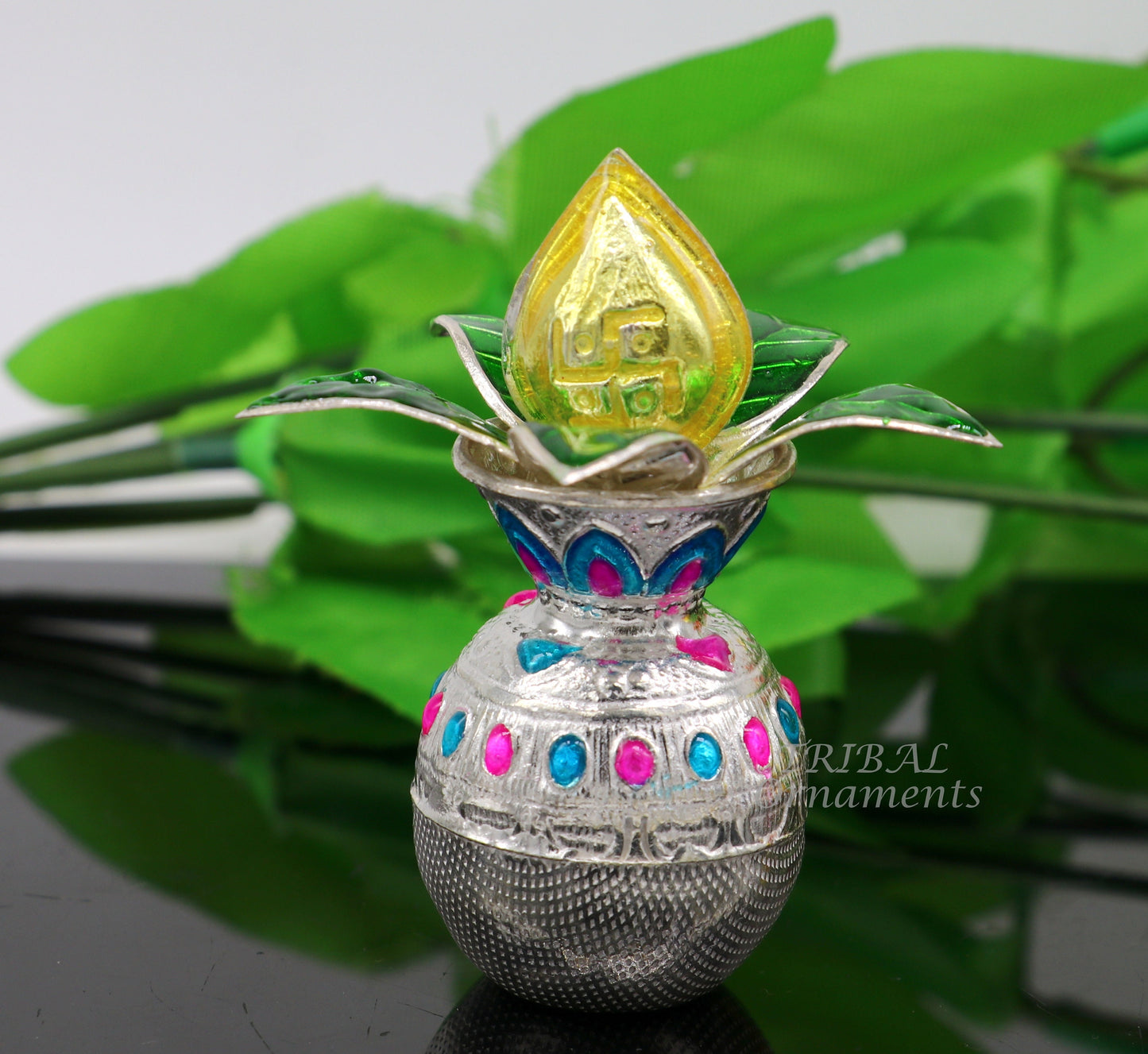 Solid sterling silver handmade vintage design puja kalash with silver coconuts and leaf, excellent home temple article worshipping su865 - TRIBAL ORNAMENTS