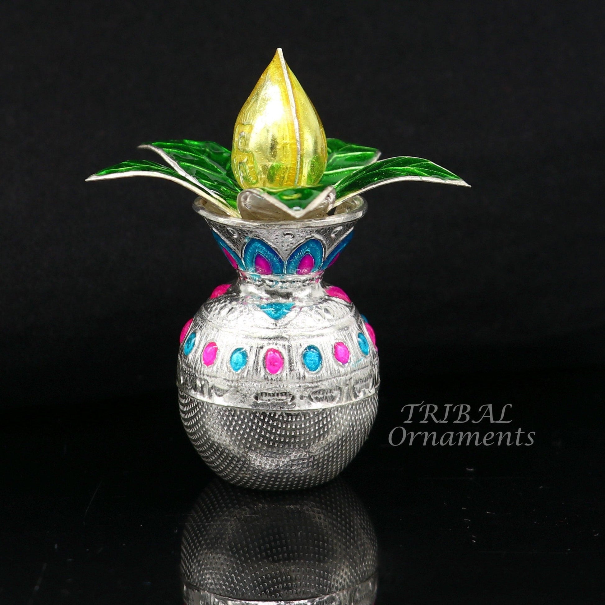 Solid sterling silver handmade vintage design puja kalash with silver coconuts and leaf, excellent home temple article worshipping su865 - TRIBAL ORNAMENTS