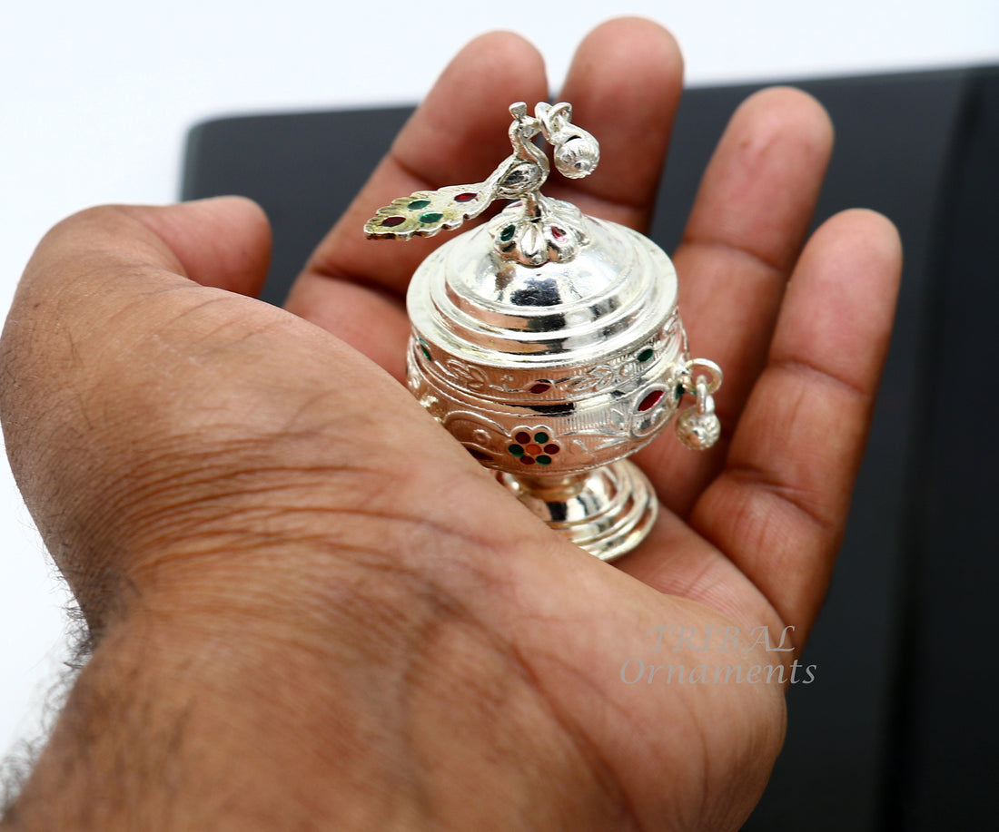 Vintage style handmade 925 sterling silver peacock trinket box, best brides kukum box. best puja utensils, silver article jewelry box stb394 - TRIBAL ORNAMENTS