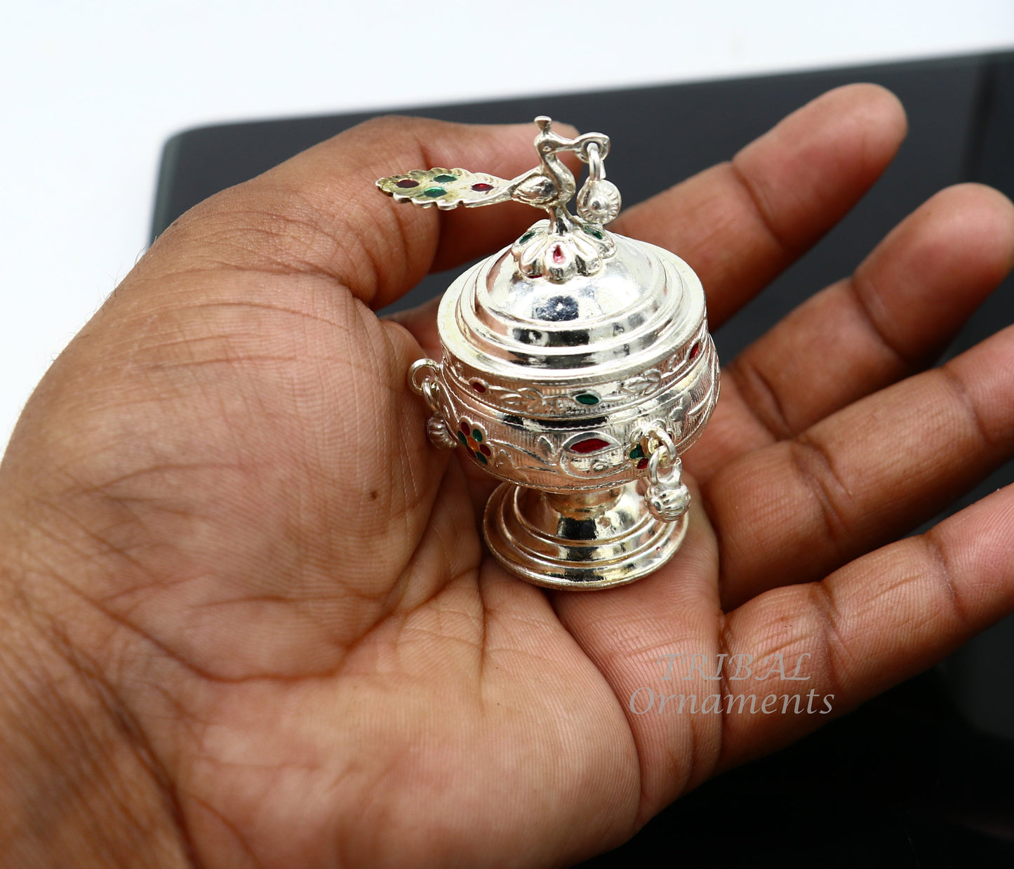 Vintage style handmade 925 sterling silver peacock trinket box, best brides kukum box. best puja utensils, silver article jewelry box stb394 - TRIBAL ORNAMENTS