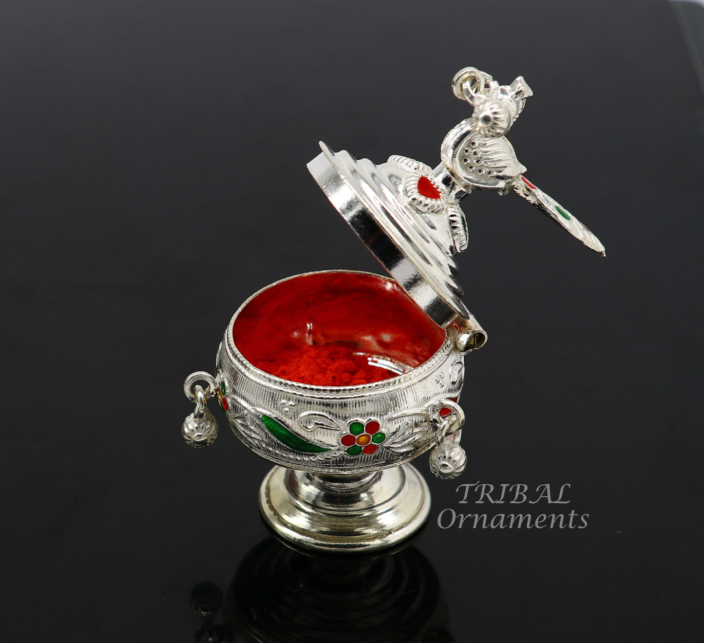 925 sterling silver vintage peacock design handmade brides eyes kajal box, surma box, kumkum sindur box, small trinket box article stb396 - TRIBAL ORNAMENTS