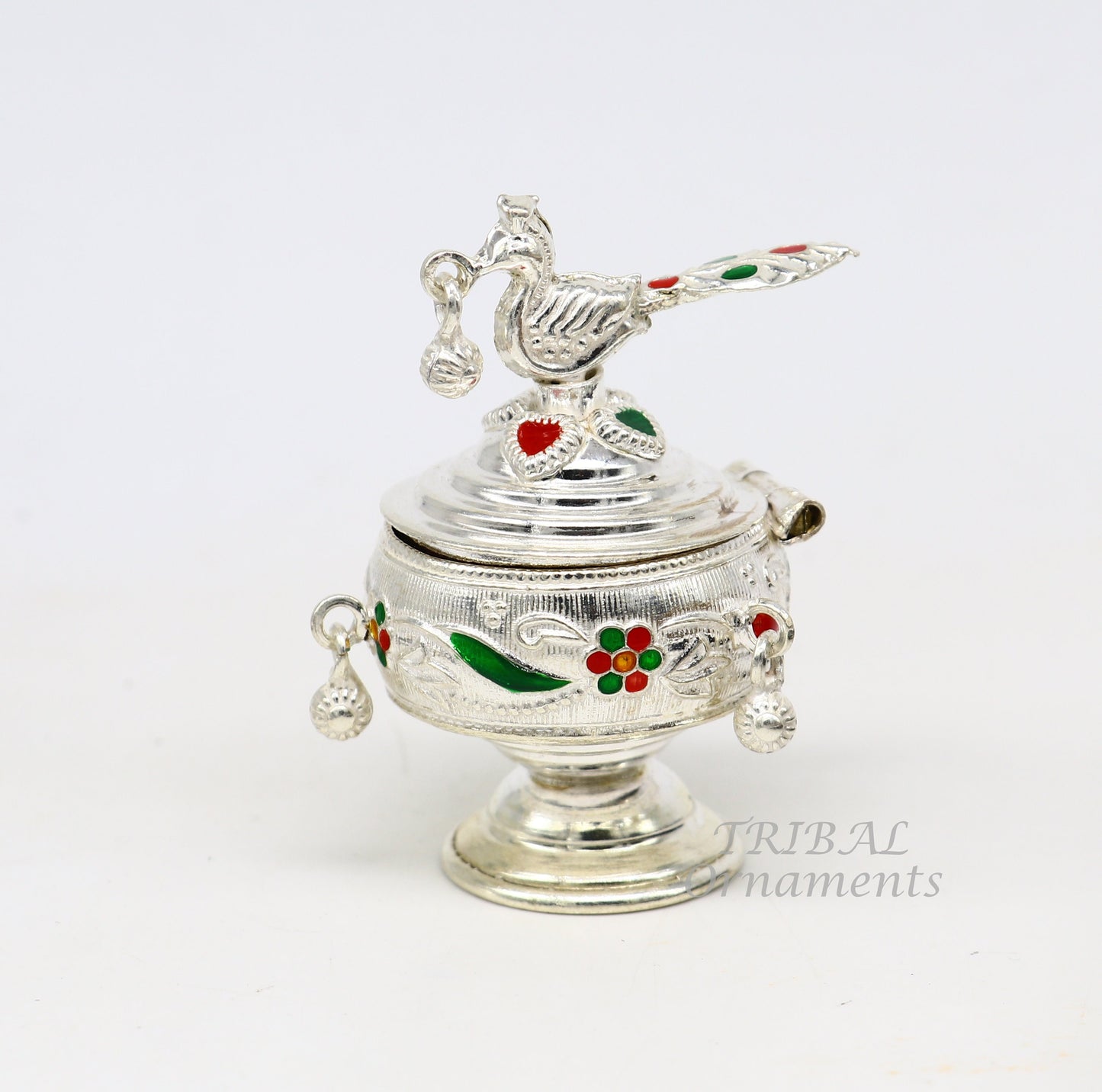 925 sterling silver vintage peacock design handmade brides eyes kajal box, surma box, kumkum sindur box, small trinket box article stb396 - TRIBAL ORNAMENTS