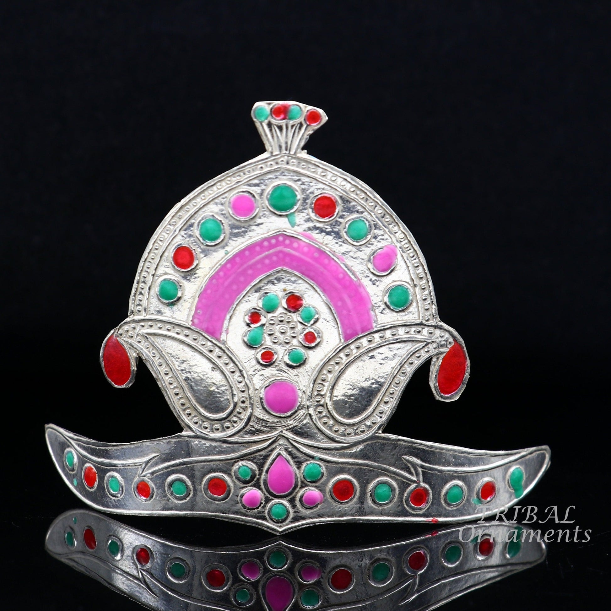 925 sterling silver vintage antique design mukut (crown), amazing handmade enamel work design silver god crown home temple god hat su875 - TRIBAL ORNAMENTS