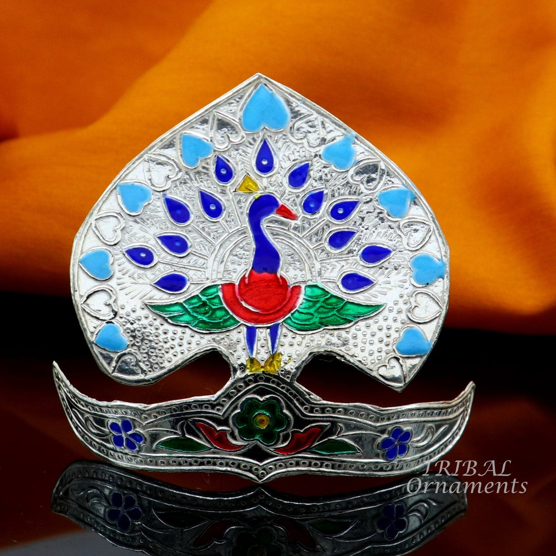 925 silver Vintage peacock design handmade enamel work small idols statue's mukut or crown, amazing Krishna head jewelry from india su879 - TRIBAL ORNAMENTS