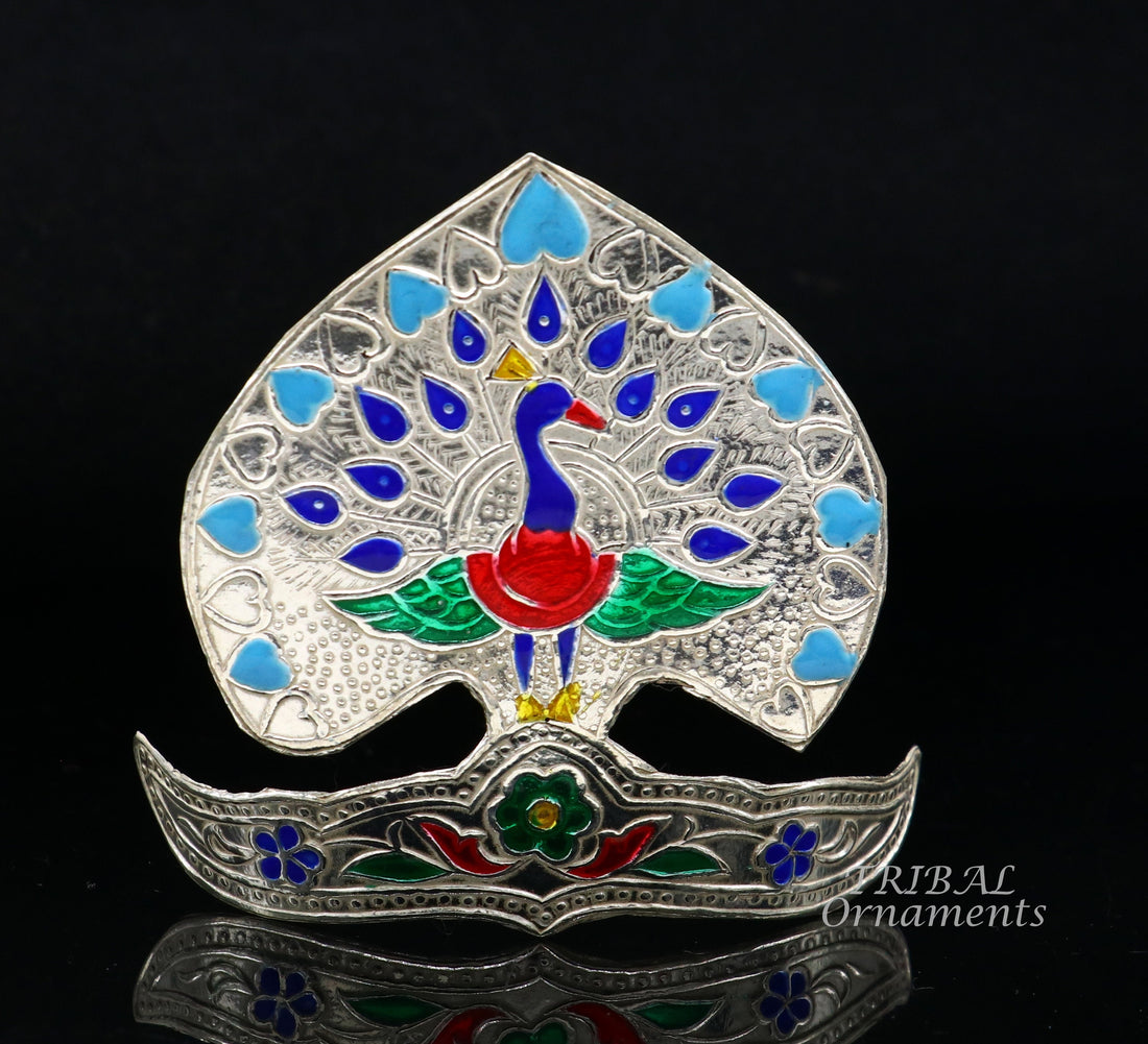 925 silver Vintage peacock design handmade enamel work small idols statue's mukut or crown, amazing Krishna head jewelry from india su879 - TRIBAL ORNAMENTS