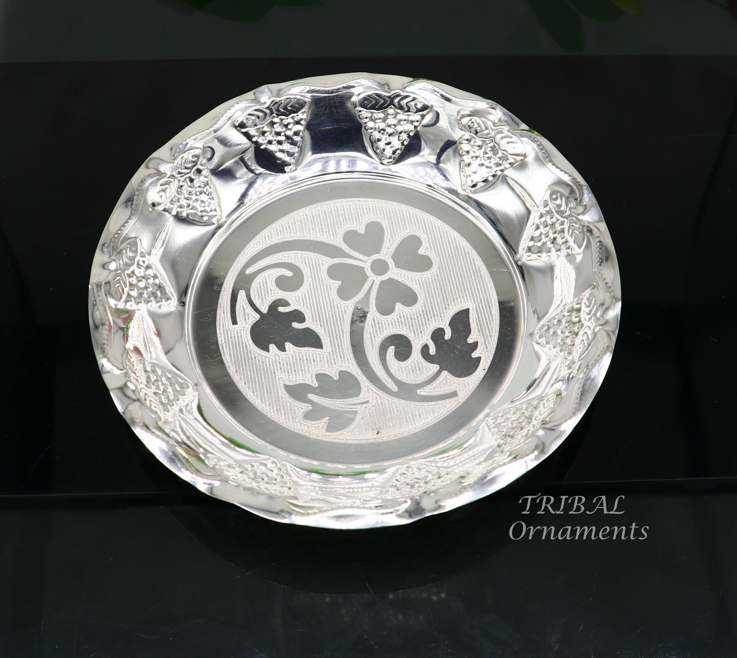 925 sterling silver exclusive handcrafted work light weight Puja tray or plate, puja utensils, silver article, silver thali  sv266 - TRIBAL ORNAMENTS