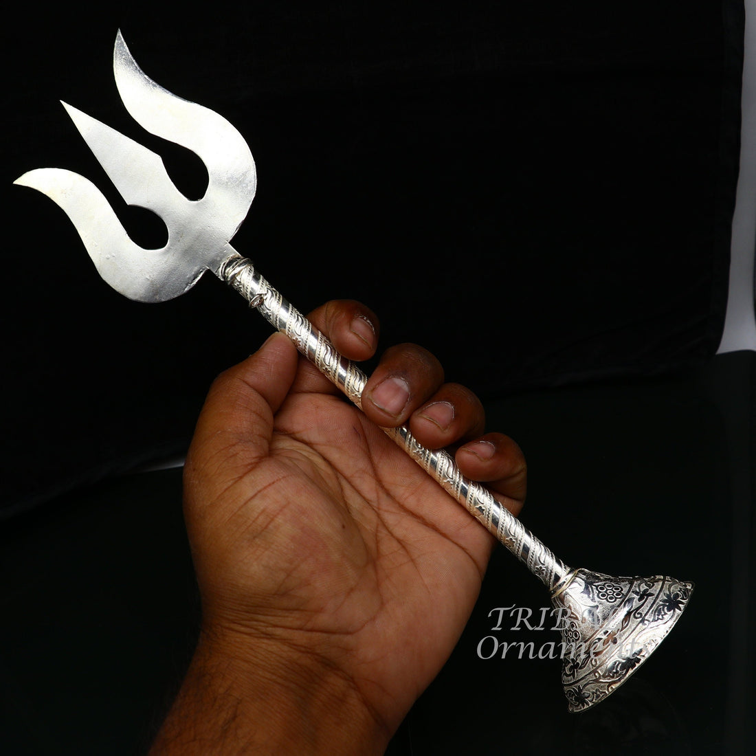 10.5" 925 sterling silver customized lord Shiva trident with small Damaru, silver article, silver temple accessories, shiva trishul su855 - TRIBAL ORNAMENTS