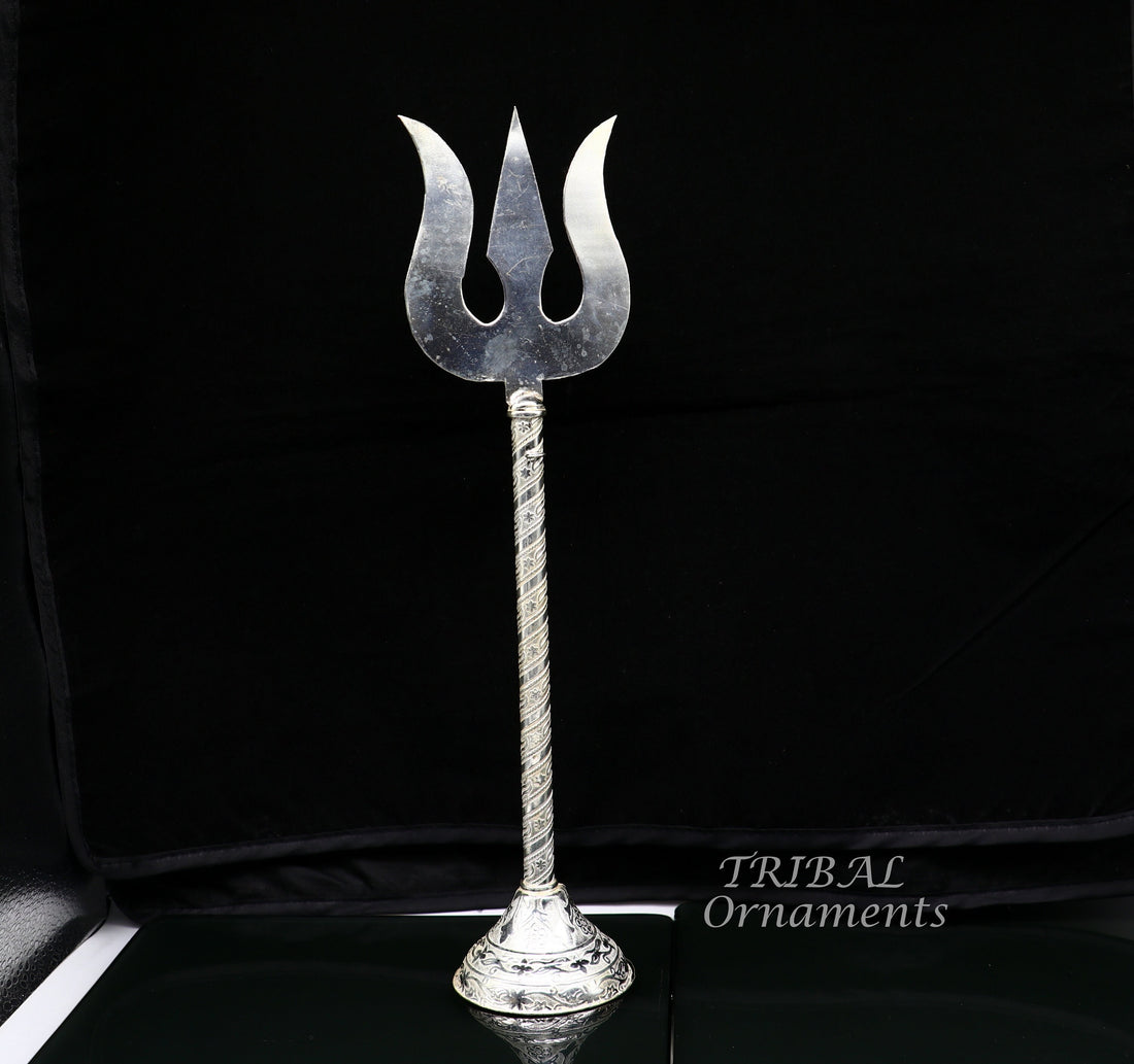 10.5" 925 sterling silver customized lord Shiva trident with small Damaru, silver article, silver temple accessories, shiva trishul su855 - TRIBAL ORNAMENTS