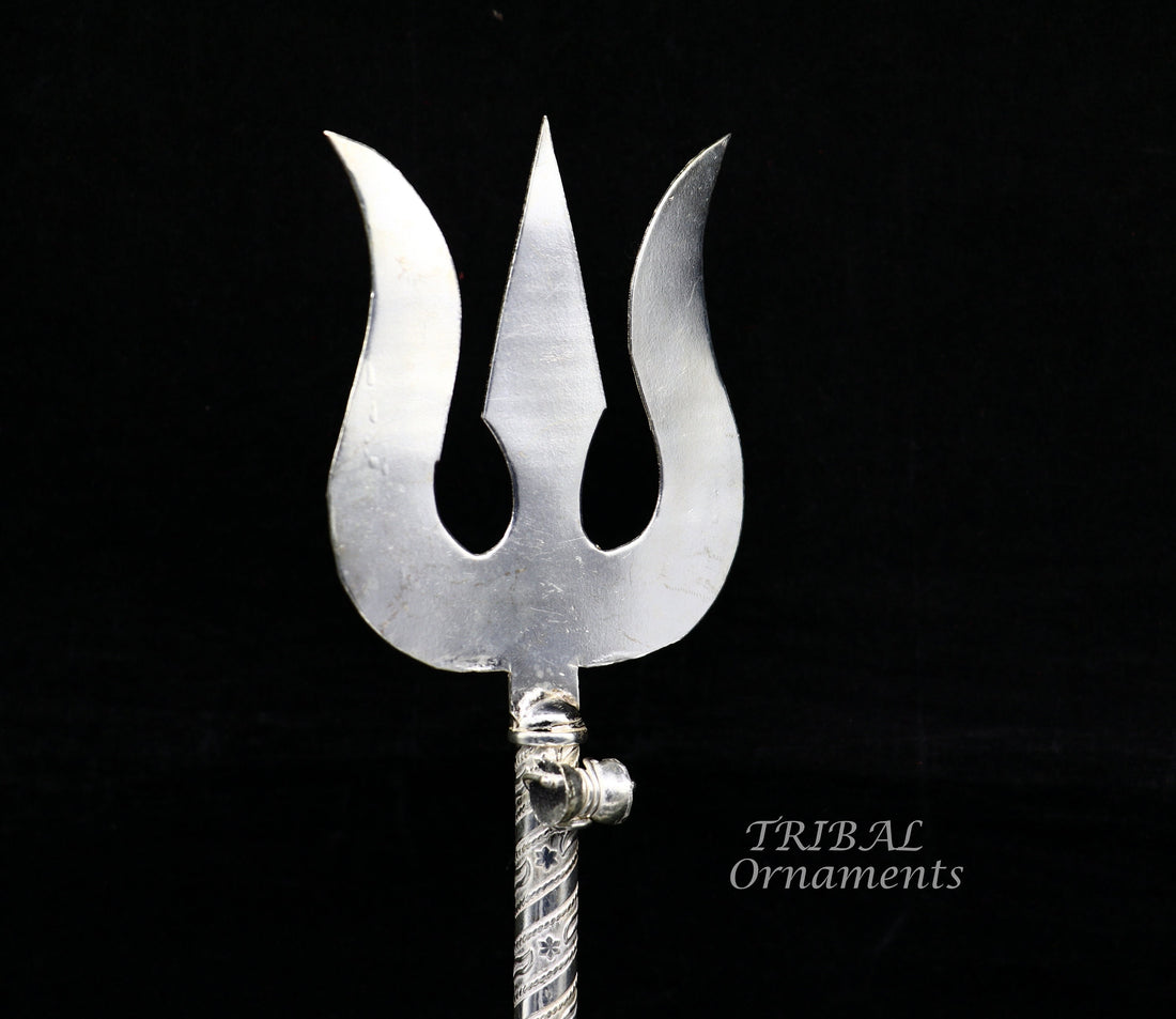 10.5" 925 sterling silver customized lord Shiva trident with small Damaru, silver article, silver temple accessories, shiva trishul su855 - TRIBAL ORNAMENTS