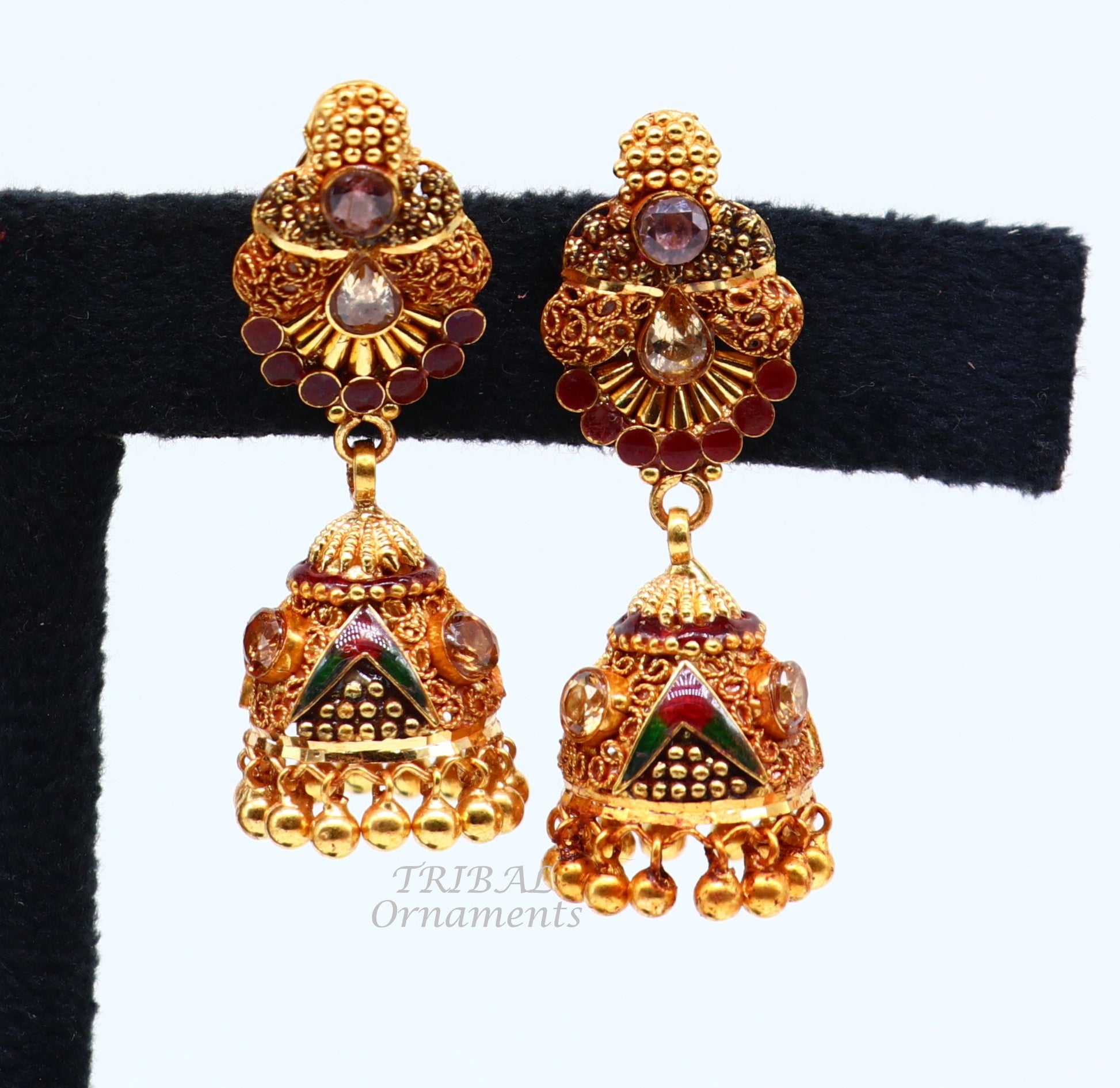 22k yellow gold fabulous handmade filigree work antique designer stud earrings brides wedding jewelry from Rajasthan India er161 - TRIBAL ORNAMENTS