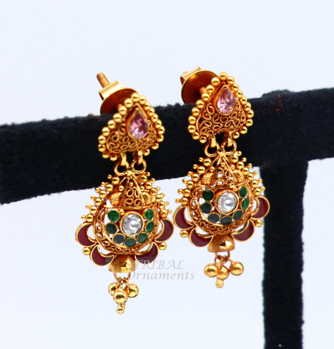 22k yellow gold fabulous handmade filigree work antique designer stud earrings brides wedding jewelry from Rajasthan India er163 - TRIBAL ORNAMENTS