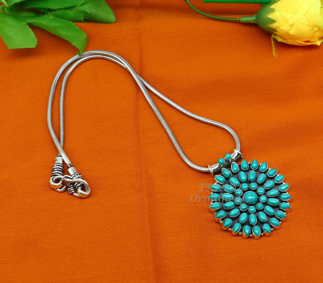 Vintage antique design handmade 925 sterling silver fabulous turquoise stone pendant wedding women's ethnic tribal jewelry nsp528 - TRIBAL ORNAMENTS