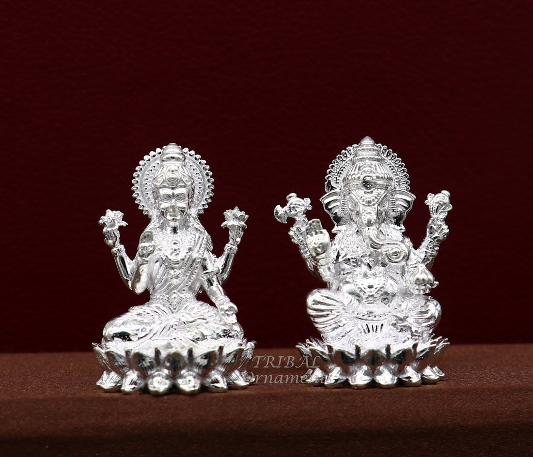 1.5" 925 Sterling silver handmade gorgeous Hindu idols Laxmi and Ganesha statue, puja article figurine, home décor Diwali puja gift art557 - TRIBAL ORNAMENTS