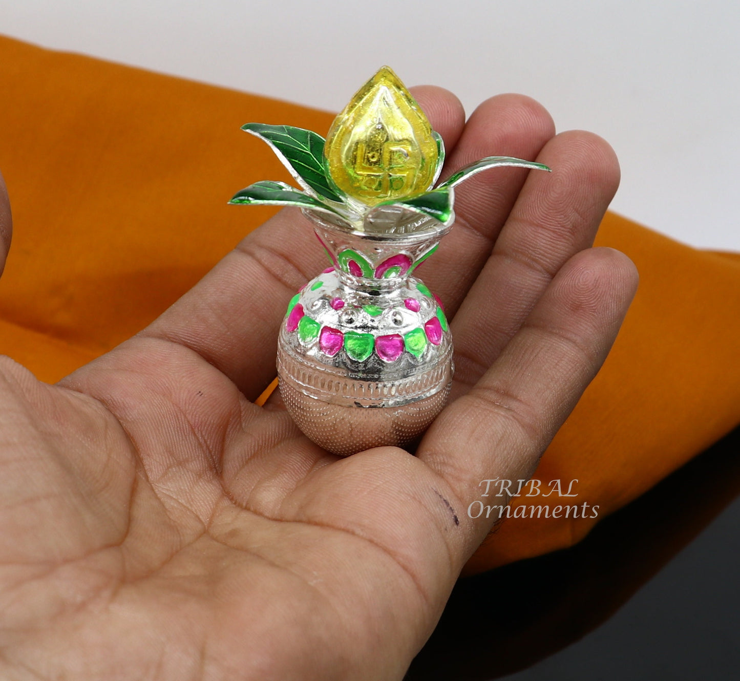 Solid sterling silver handmade vintage design puja kalash with silver coconuts and leaf, excellent home temple article worshipping su863 - TRIBAL ORNAMENTS