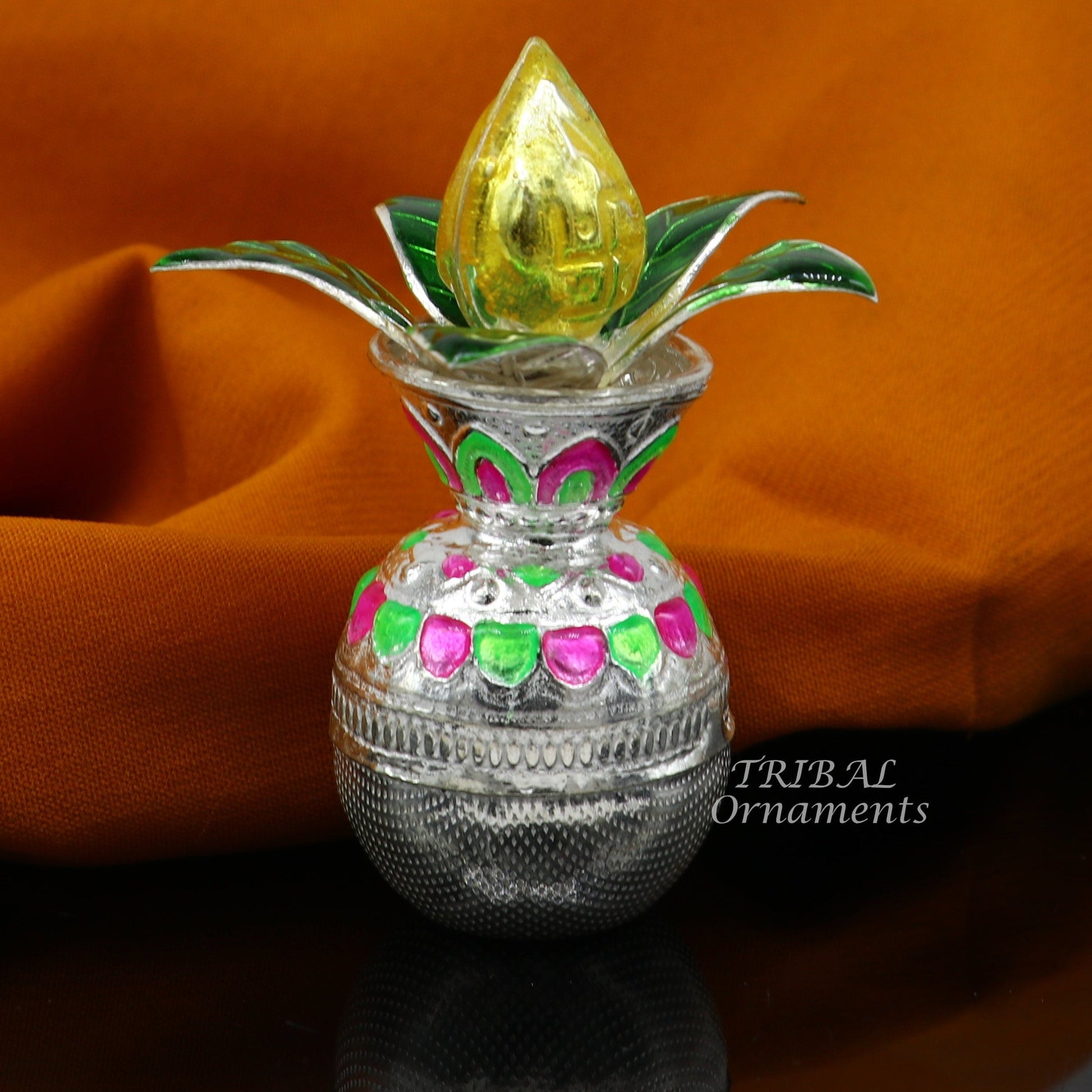 Solid sterling silver handmade vintage design puja kalash with silver coconuts and leaf, excellent home temple article worshipping su863 - TRIBAL ORNAMENTS