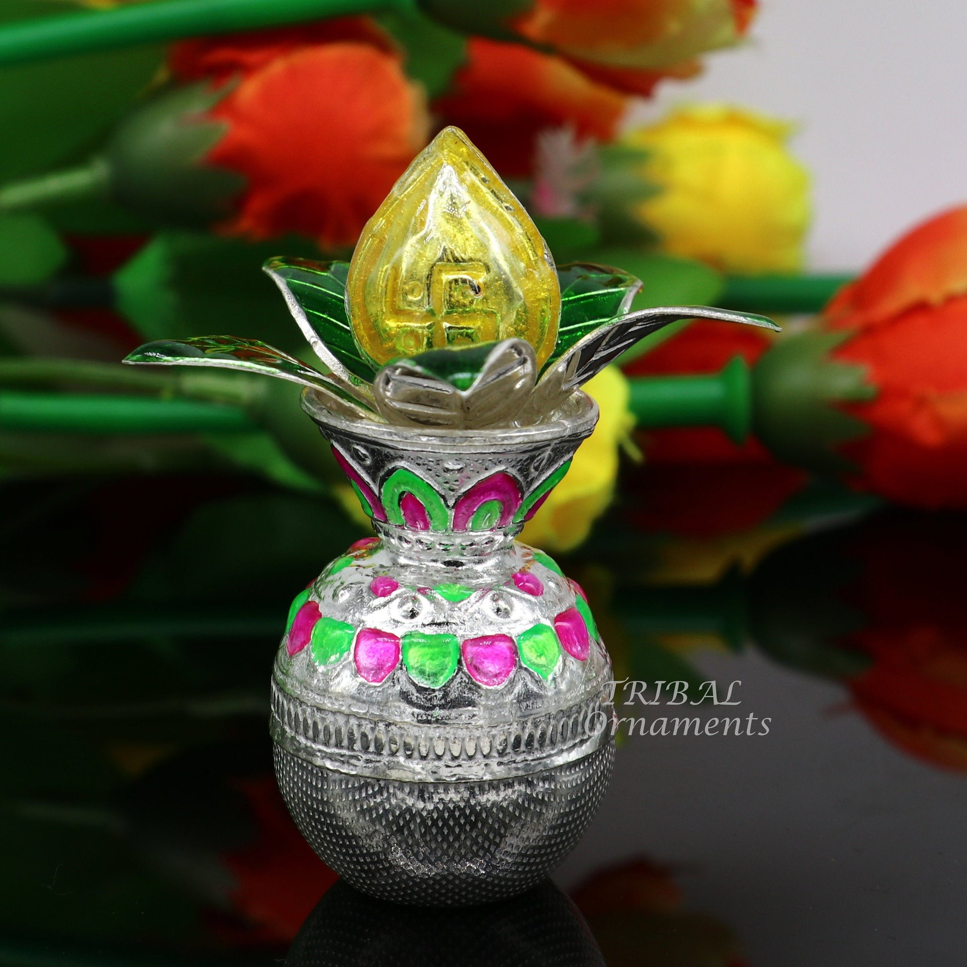 Solid sterling silver handmade vintage design puja kalash with silver coconuts and leaf, excellent home temple article worshipping su863 - TRIBAL ORNAMENTS