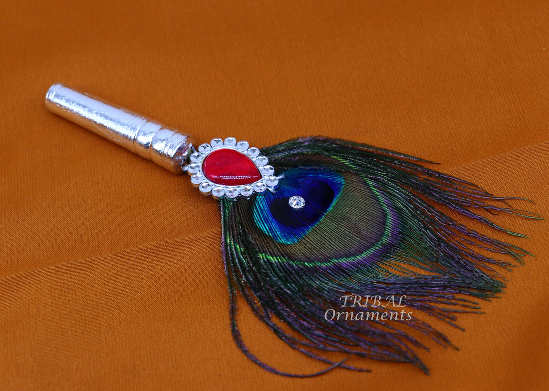 Vintage style handmade Wooden base silver Morchhadi, with peacock feather, best lord krishna laddu gopala silver pankhi silver fan su905 - TRIBAL ORNAMENTS