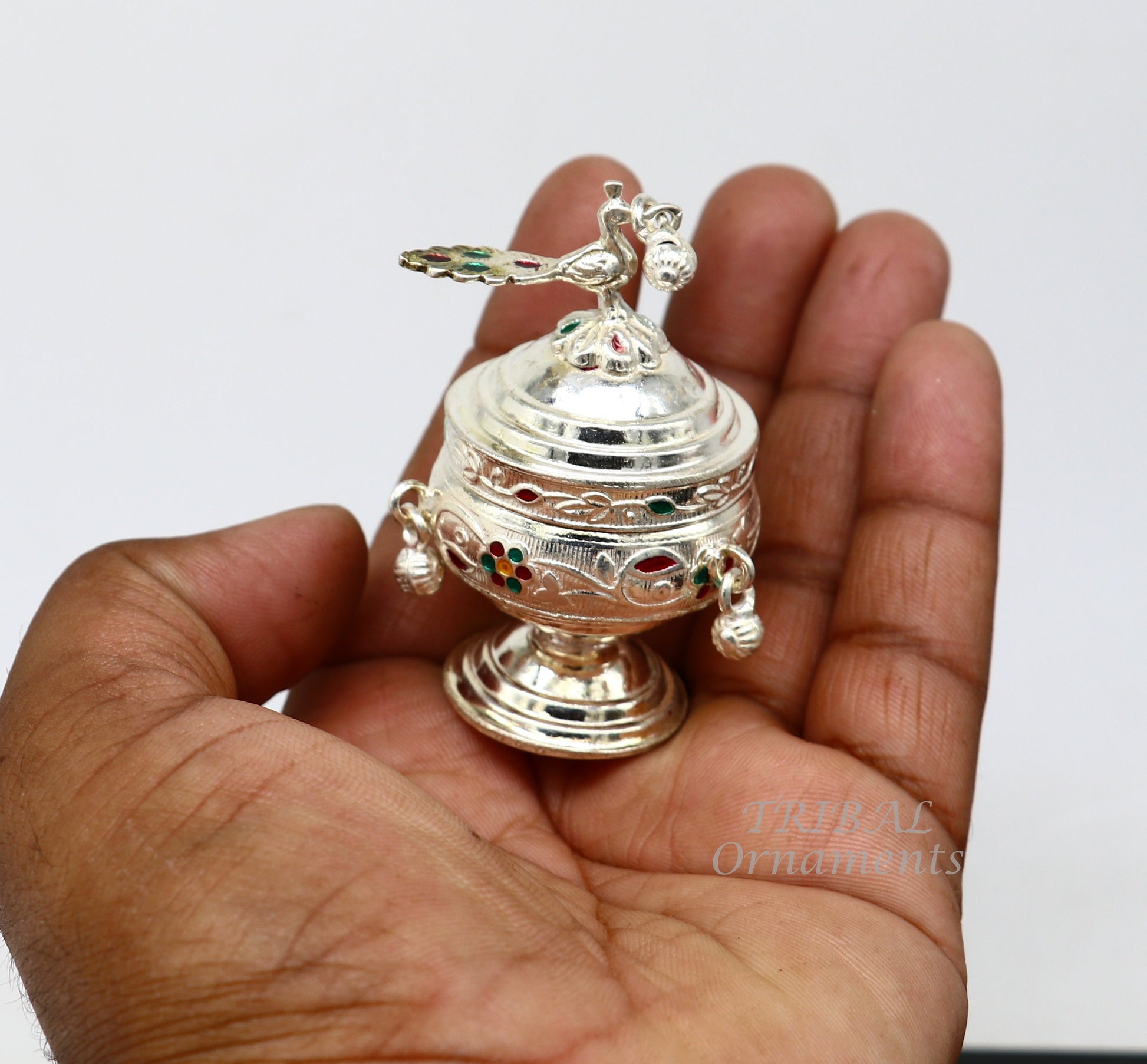 Vintage style handmade 925 sterling silver peacock trinket box, best brides kukum box. best puja utensils, silver article jewelry box stb394 - TRIBAL ORNAMENTS