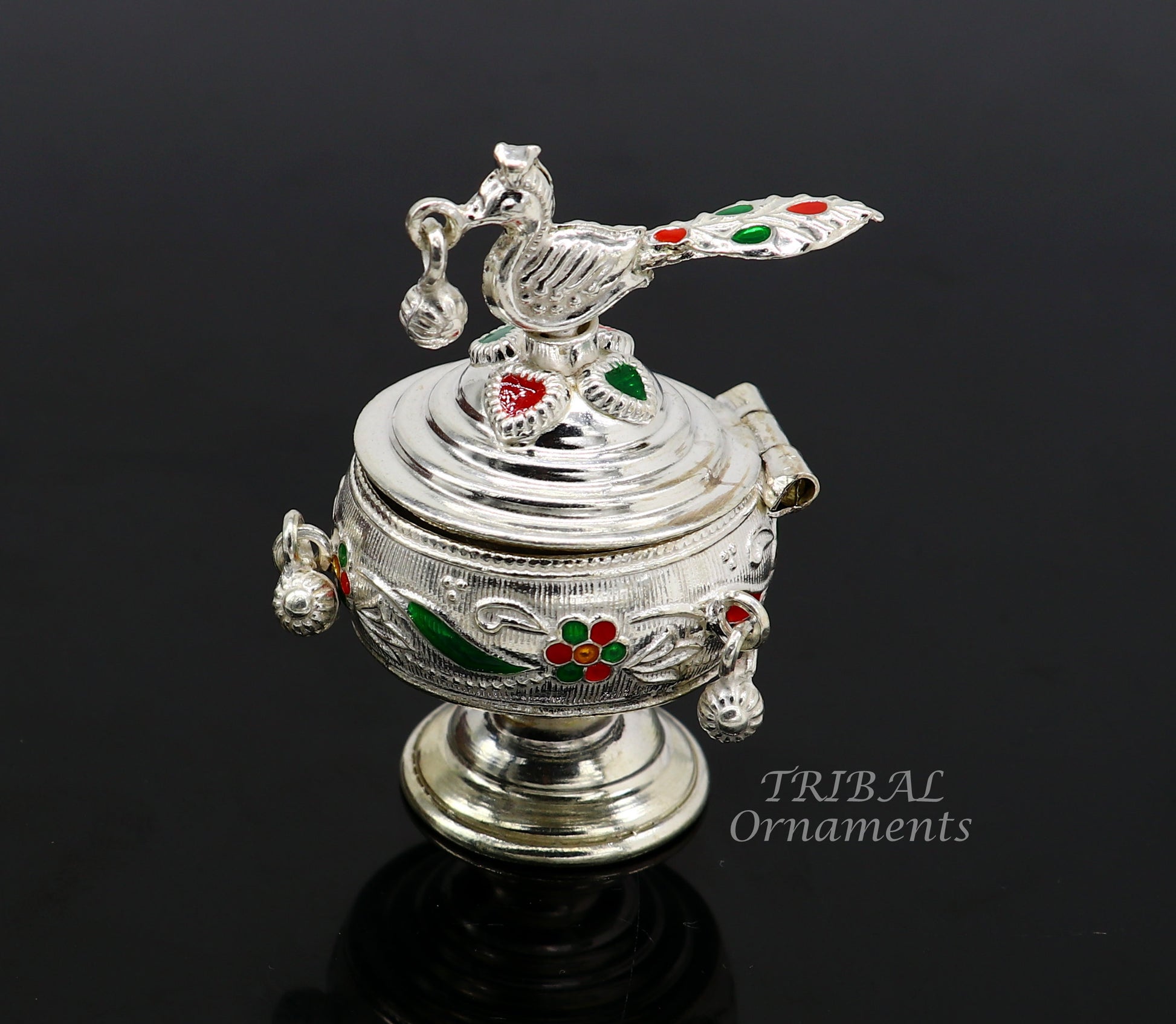 925 sterling silver vintage peacock design handmade brides eyes kajal box, surma box, kumkum sindur box, small trinket box article stb396 - TRIBAL ORNAMENTS