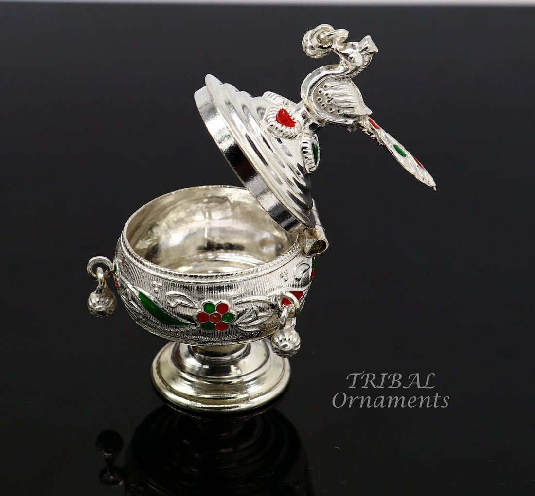 925 sterling silver vintage peacock design handmade brides eyes kajal box, surma box, kumkum sindur box, small trinket box article stb396 - TRIBAL ORNAMENTS