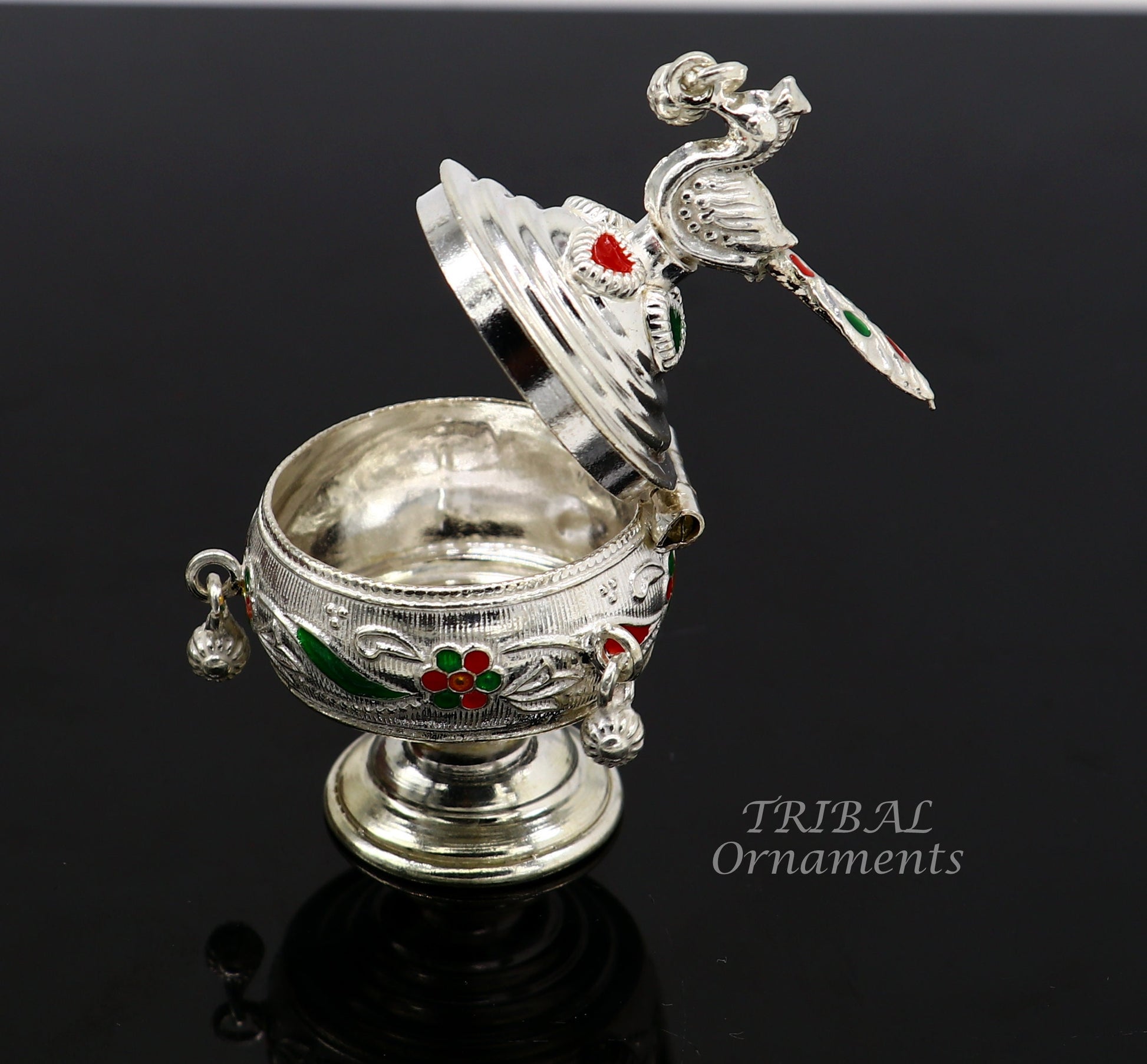 925 sterling silver vintage peacock design handmade brides eyes kajal box, surma box, kumkum sindur box, small trinket box article stb396 - TRIBAL ORNAMENTS