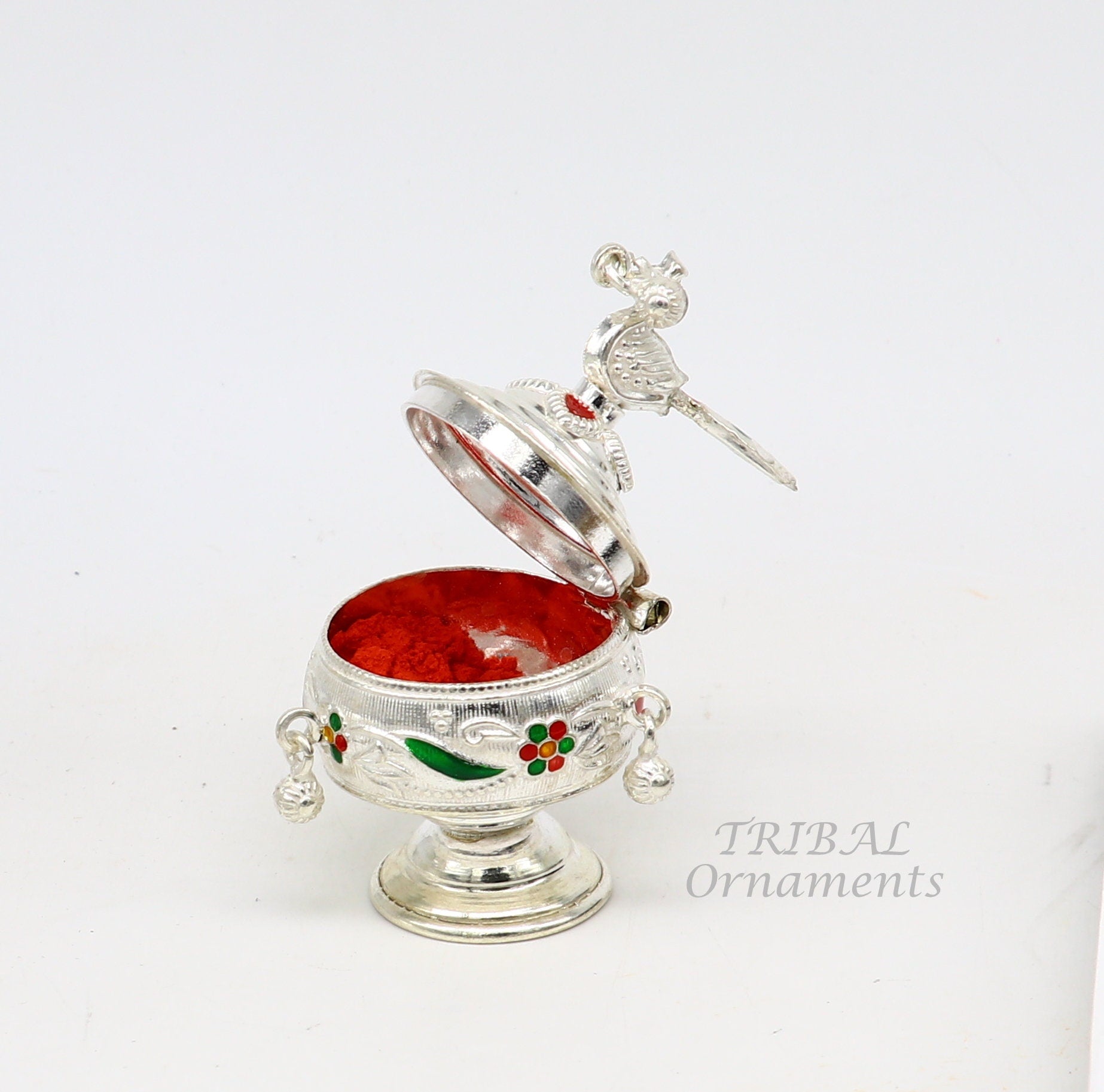 925 sterling silver vintage peacock design handmade brides eyes kajal box, surma box, kumkum sindur box, small trinket box article stb396 - TRIBAL ORNAMENTS