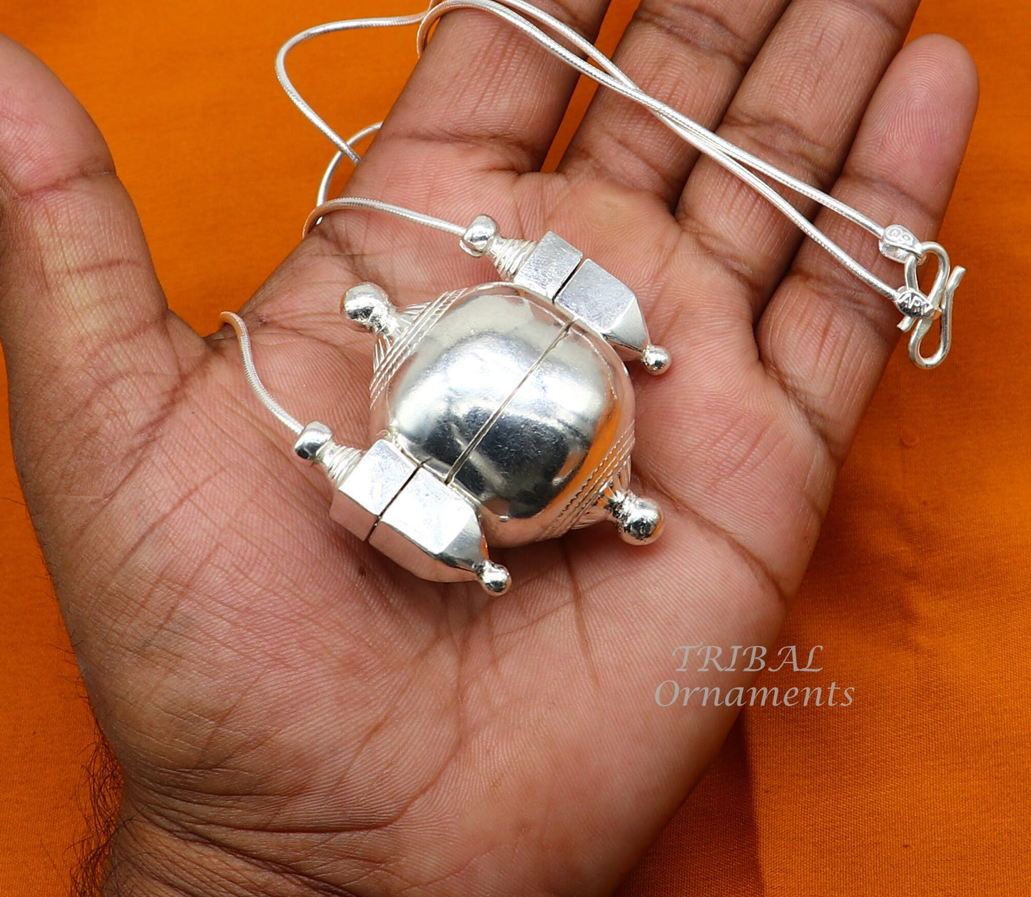 Sterling silver handmade solid silver chain and Shiva lingam box, box pendant necklace set, container pendant tribal jewelry india set489 - TRIBAL ORNAMENTS