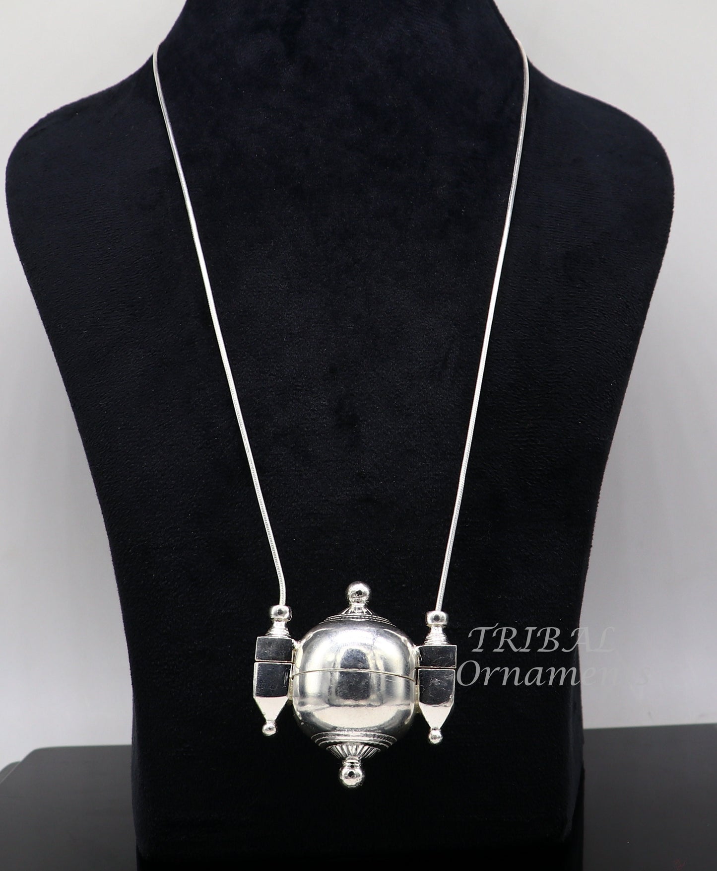 Sterling silver handmade solid silver chain and Shiva lingam box, box pendant necklace set, container pendant tribal jewelry india set489 - TRIBAL ORNAMENTS