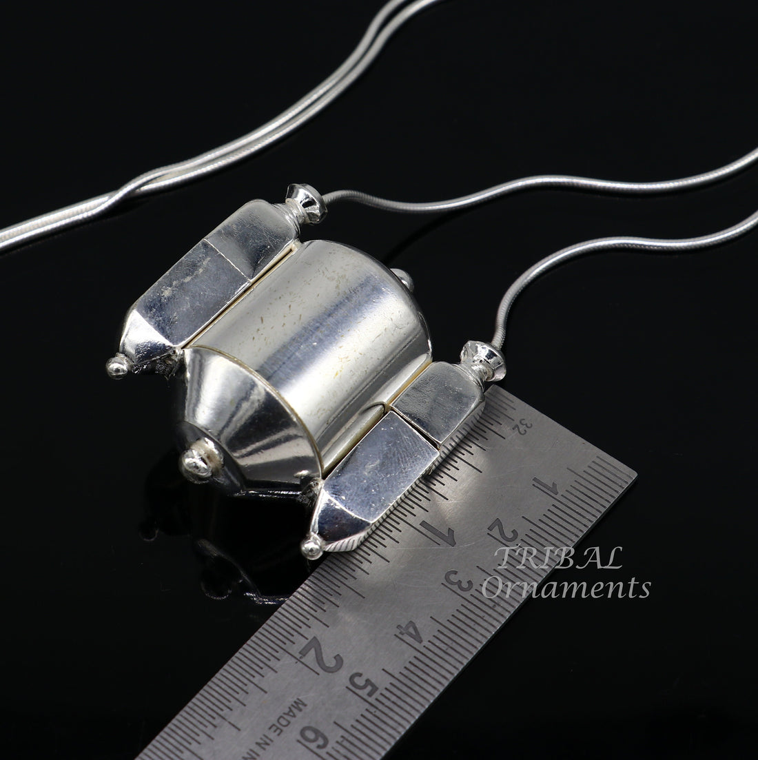 Sterling silver handmade solid silver chain and Shiva lingam box, box pendant necklace set, container pendant tribal jewelry india set490 - TRIBAL ORNAMENTS