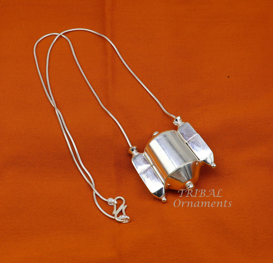 Sterling silver handmade solid silver chain and Shiva lingam box, box pendant necklace set, container pendant tribal jewelry india set490 - TRIBAL ORNAMENTS