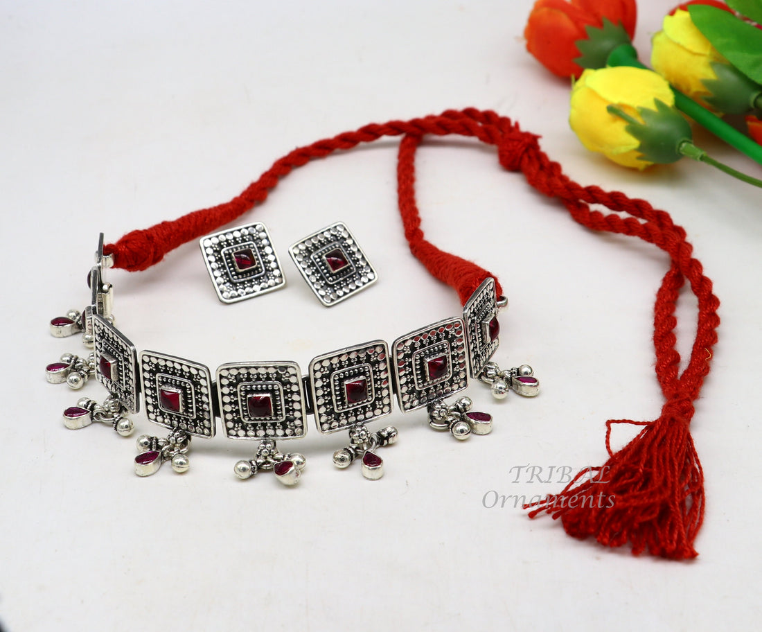 Vintage Indian traditional style 925 sterling silver customized stone work charm necklace, choker tribal ethnic belly dance jewelry set483 - TRIBAL ORNAMENTS