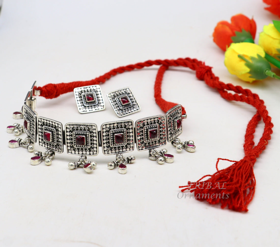 Vintage Indian traditional style 925 sterling silver customized stone work charm necklace, choker tribal ethnic belly dance jewelry set483 - TRIBAL ORNAMENTS