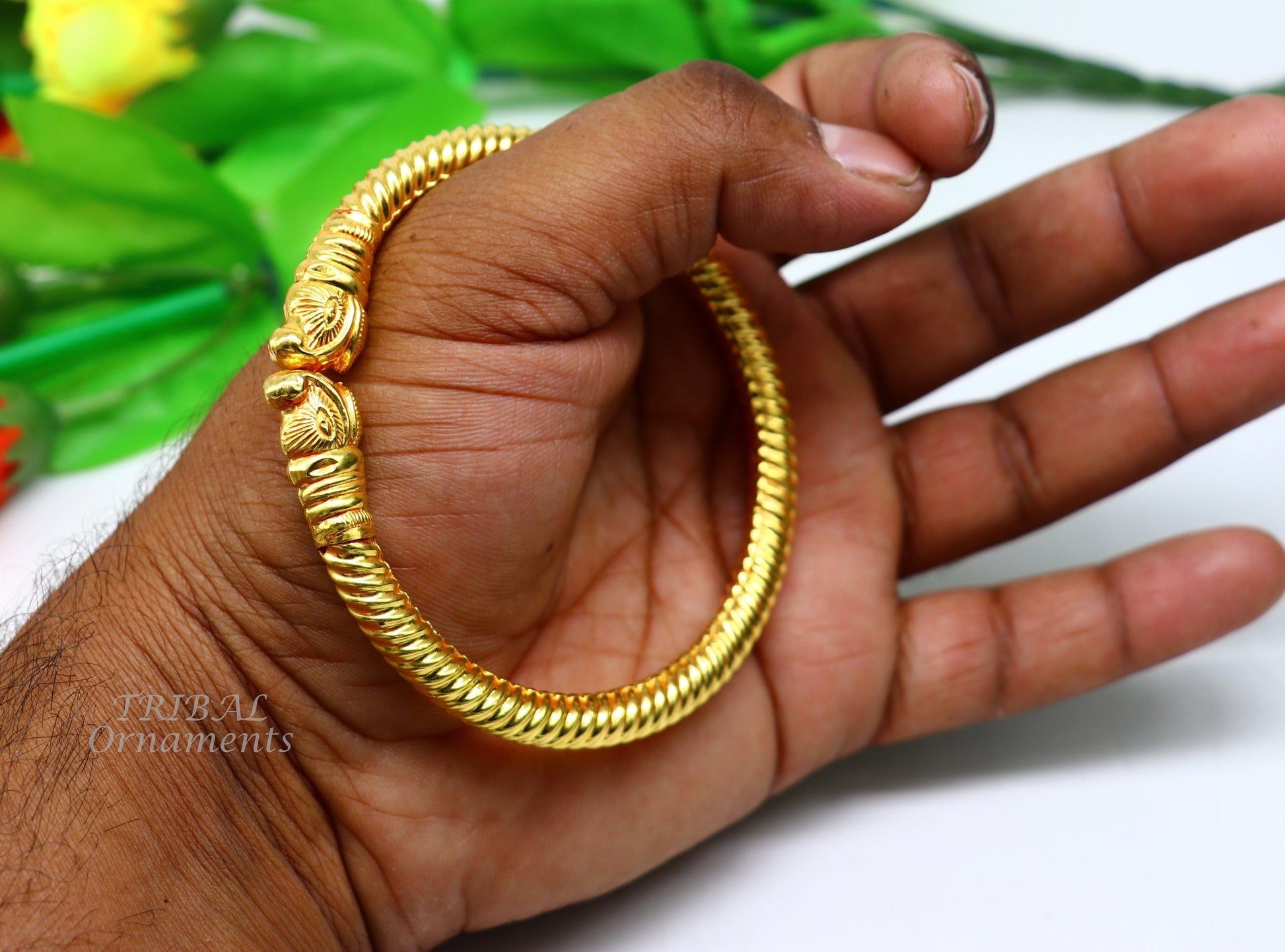 22 kt yellow gold handmade customized vintage elephant design stylish kada bangle bracelet, best gifting for wedding anniversary gift gk02 - TRIBAL ORNAMENTS
